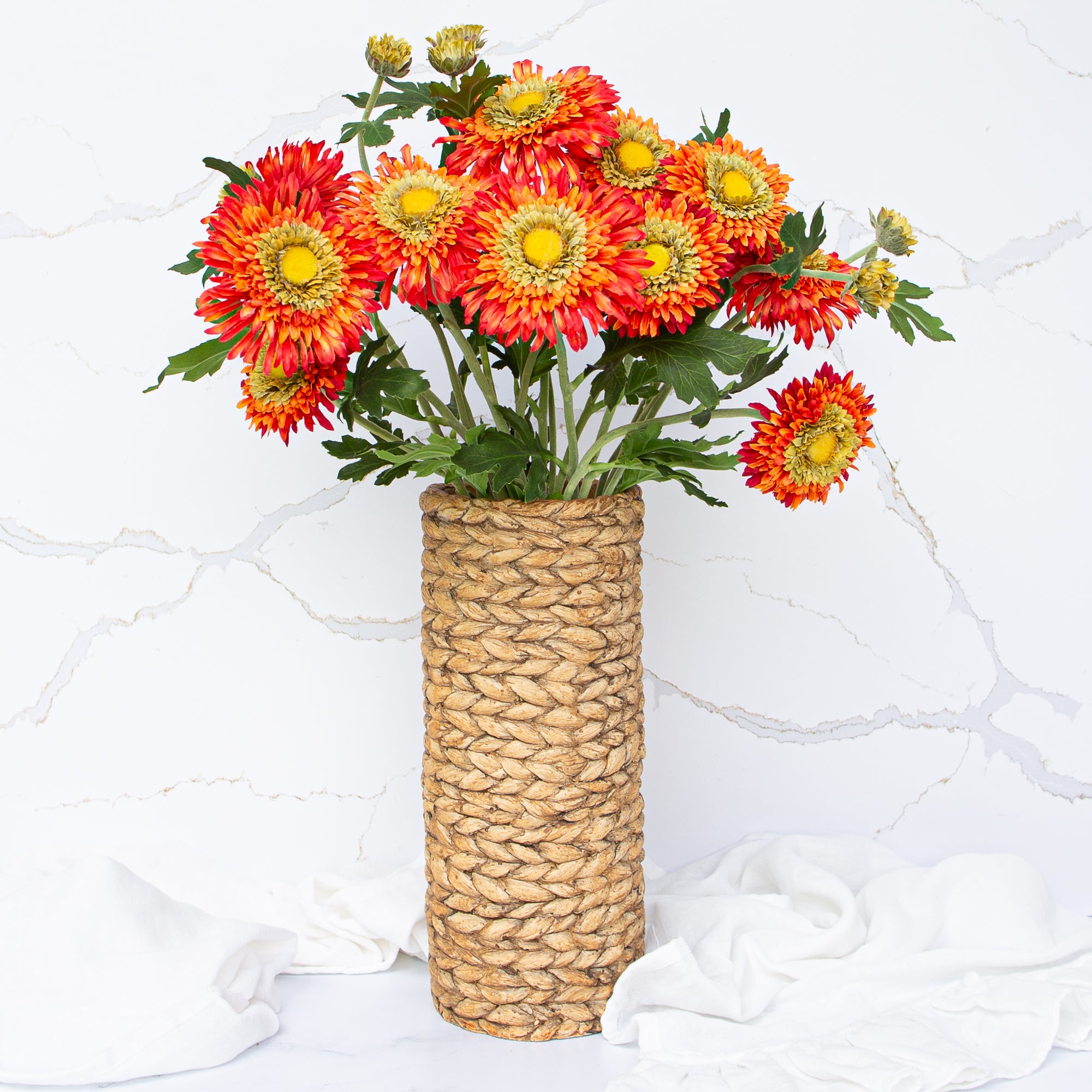 12.5" Tan Braided Pattern Cement Vase with a realistic woven texture, perfect for showcasing vibrant floral arrangements.