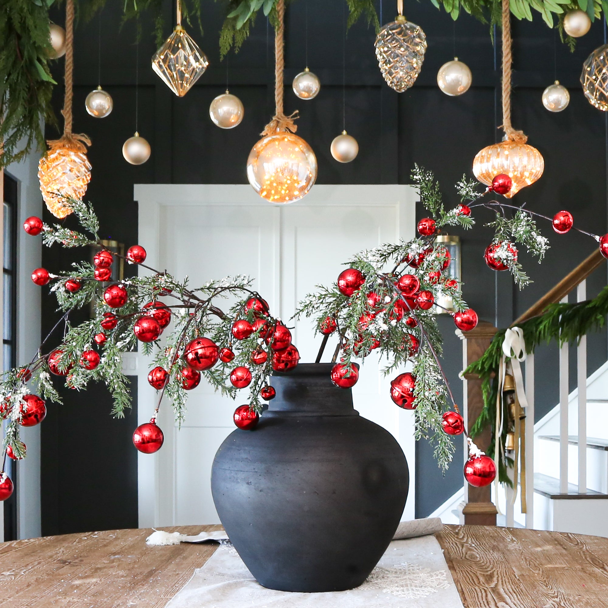 VOLUME BUY 35" Snowy Pine Branch With Red Bells Set of 6