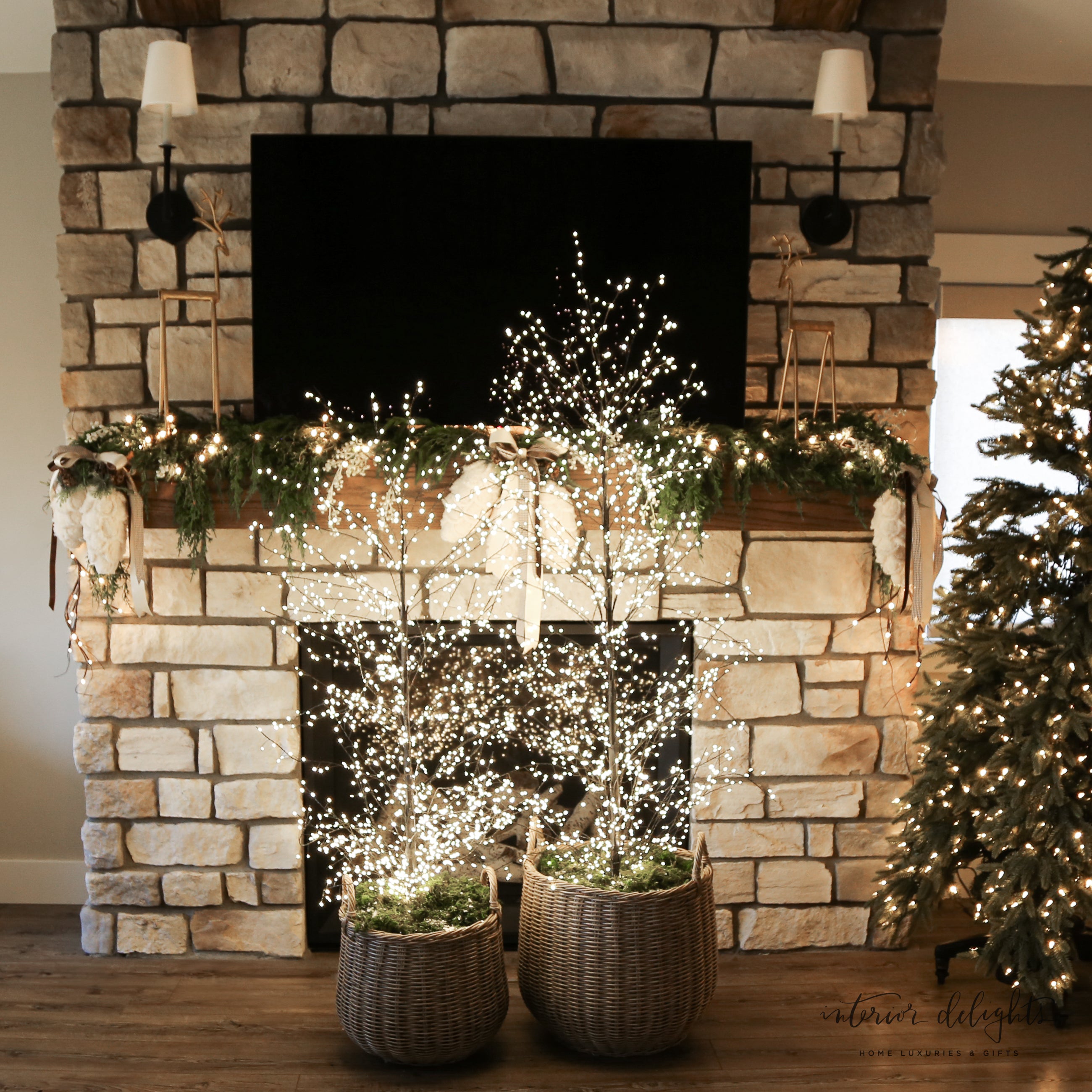 Curated Set: Two Round Willow Baskets, perfect for showcasing Full Trunk LED Trees.