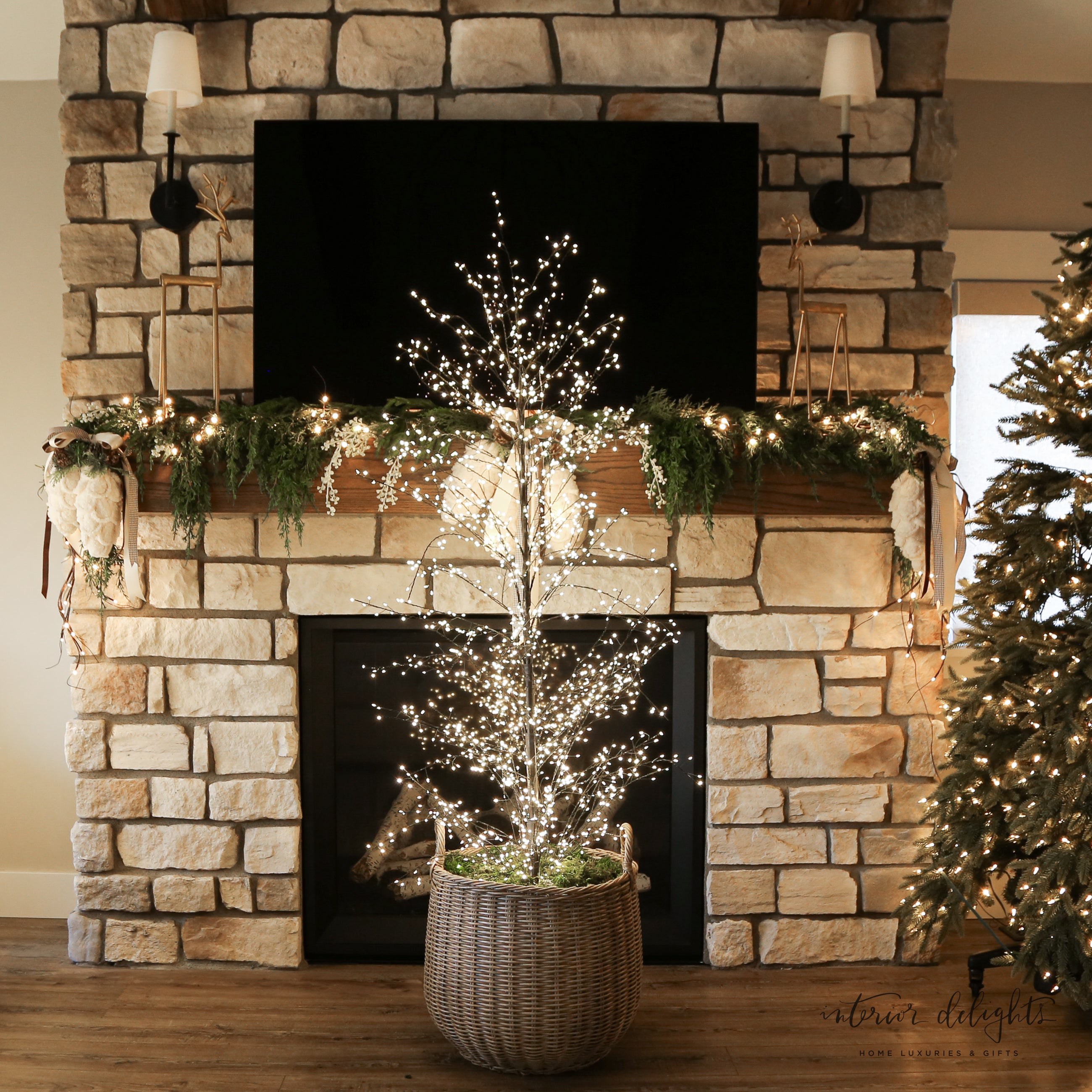 Curated Set of 2 Full Trunk LED Trees and 2 Round Willow Baskets illuminating a cozy space with warm, twinkling lights.