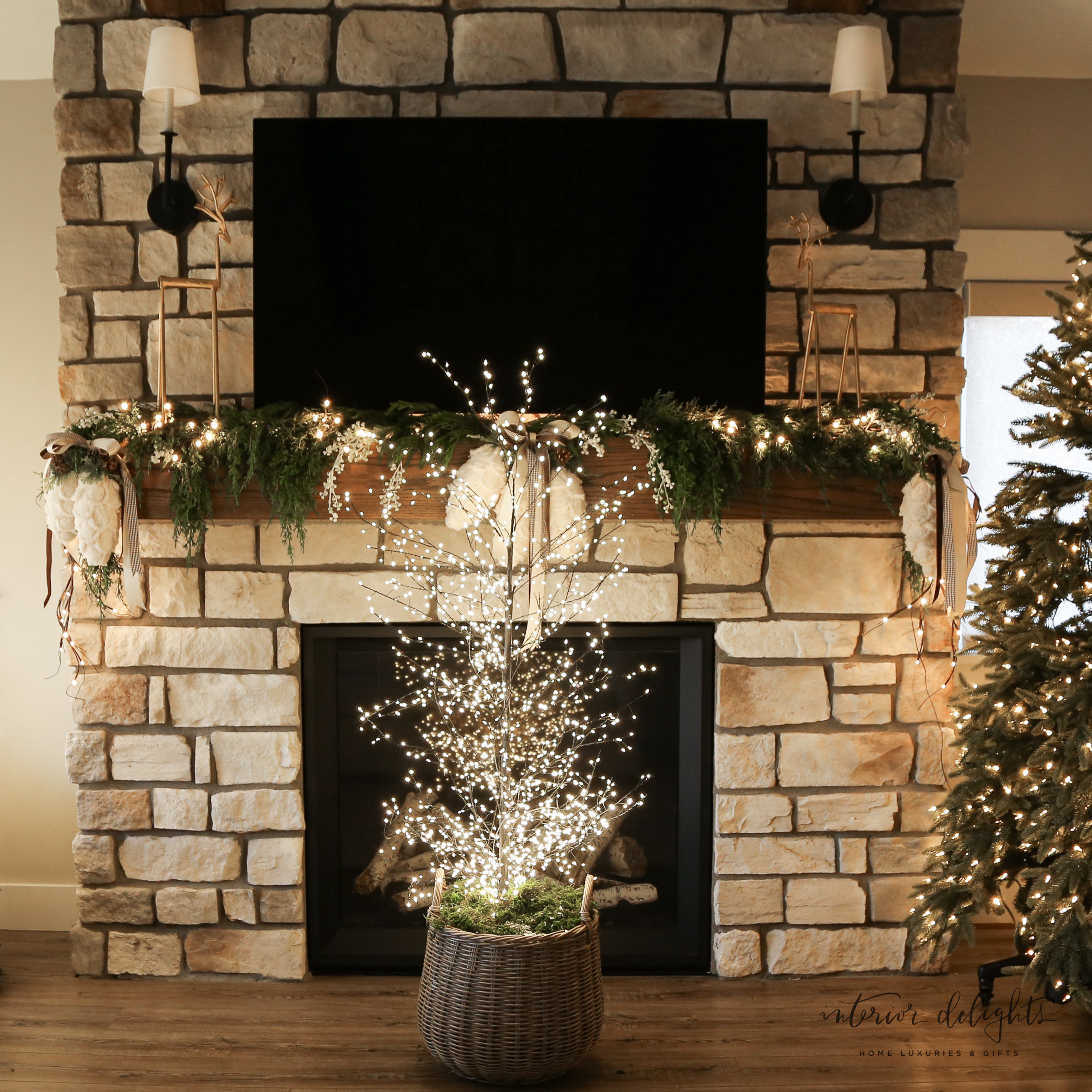 Close-up of Curated Set: 2 Full Trunk LED Trees and 2 Round Willow Baskets showcasing its enchanting design and versatility for indoor and outdoor decor.
