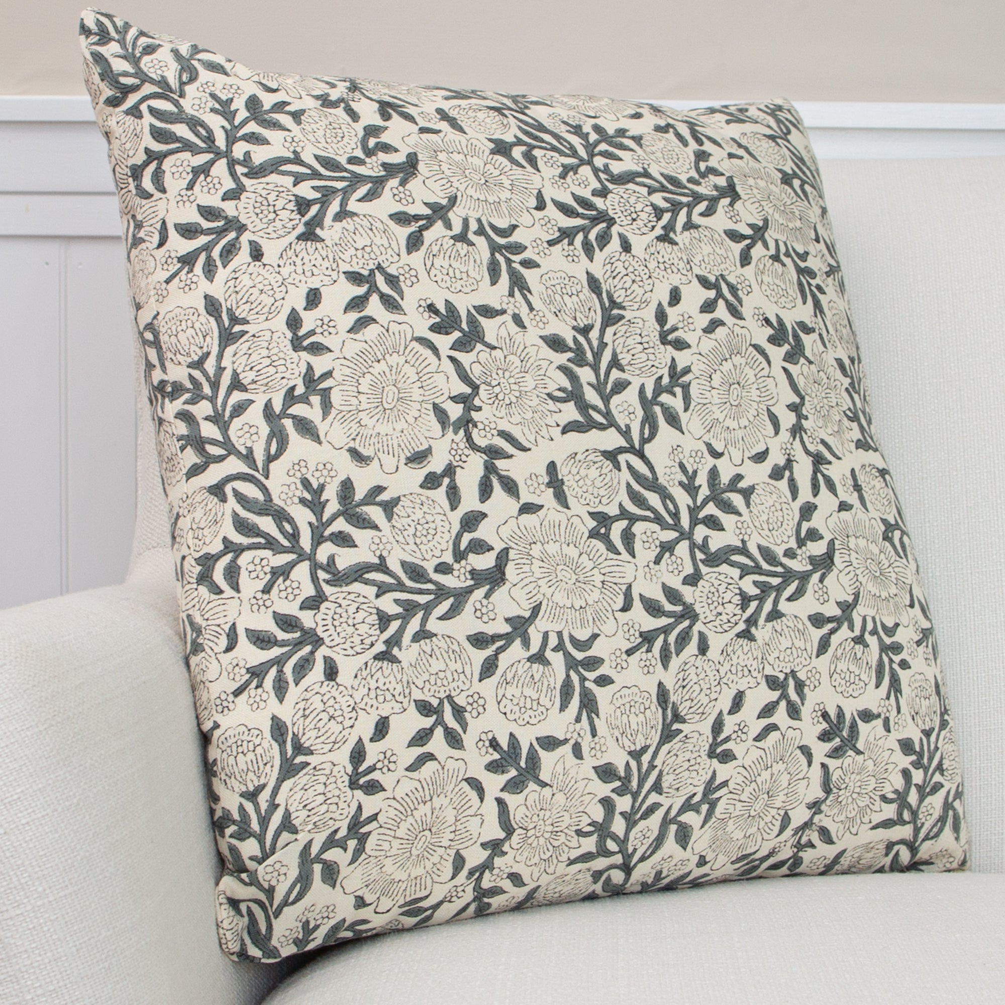 Cream and Dark Sage Zinnia Pillow- 18 x 18