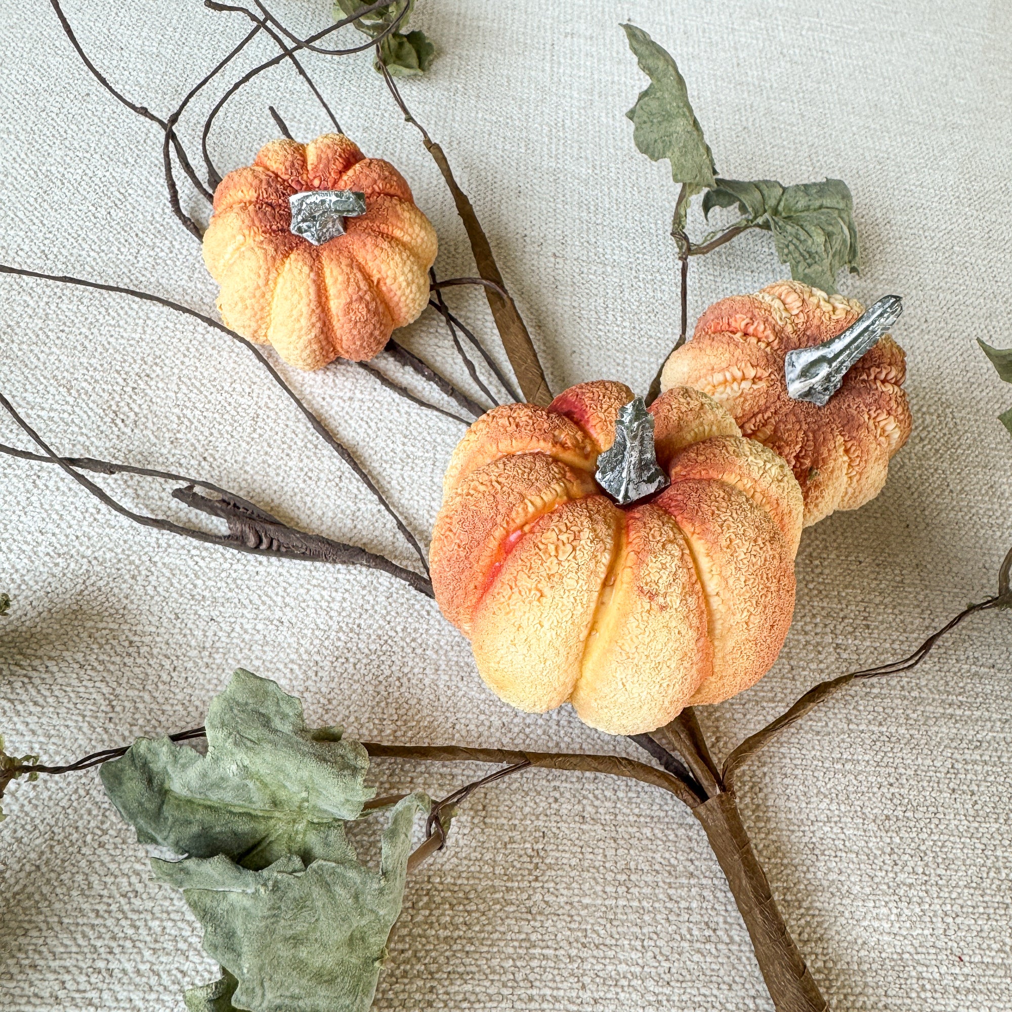 Pumpkin Spray with Green Leaves- 17.5in