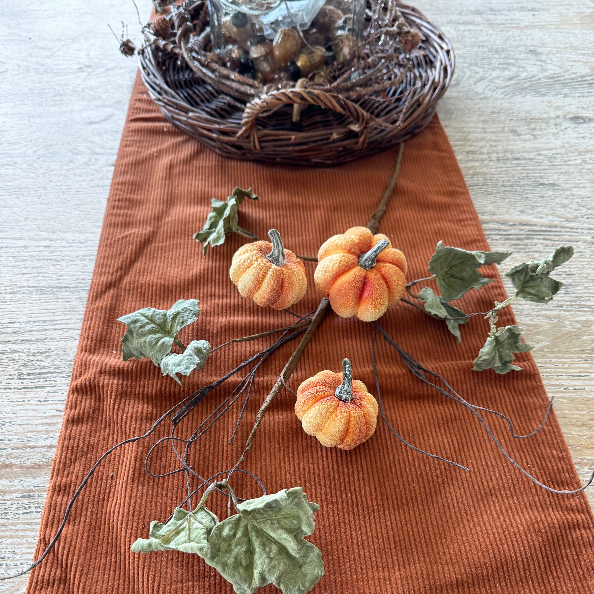 Pumpkin Spray with Green Leaves- 17.5in