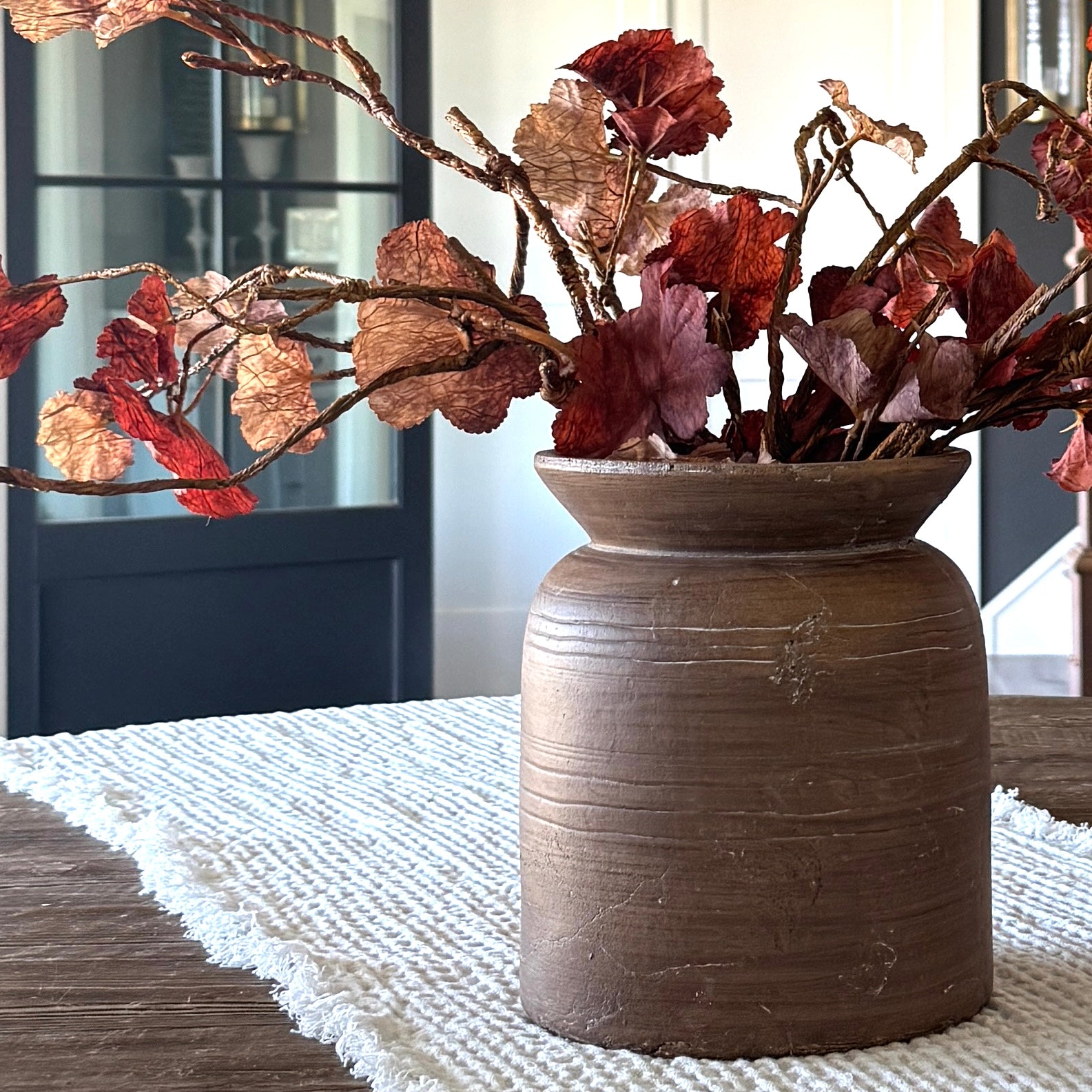Autumn Leaf Branch + 9" Brown Line Vase Arrangement