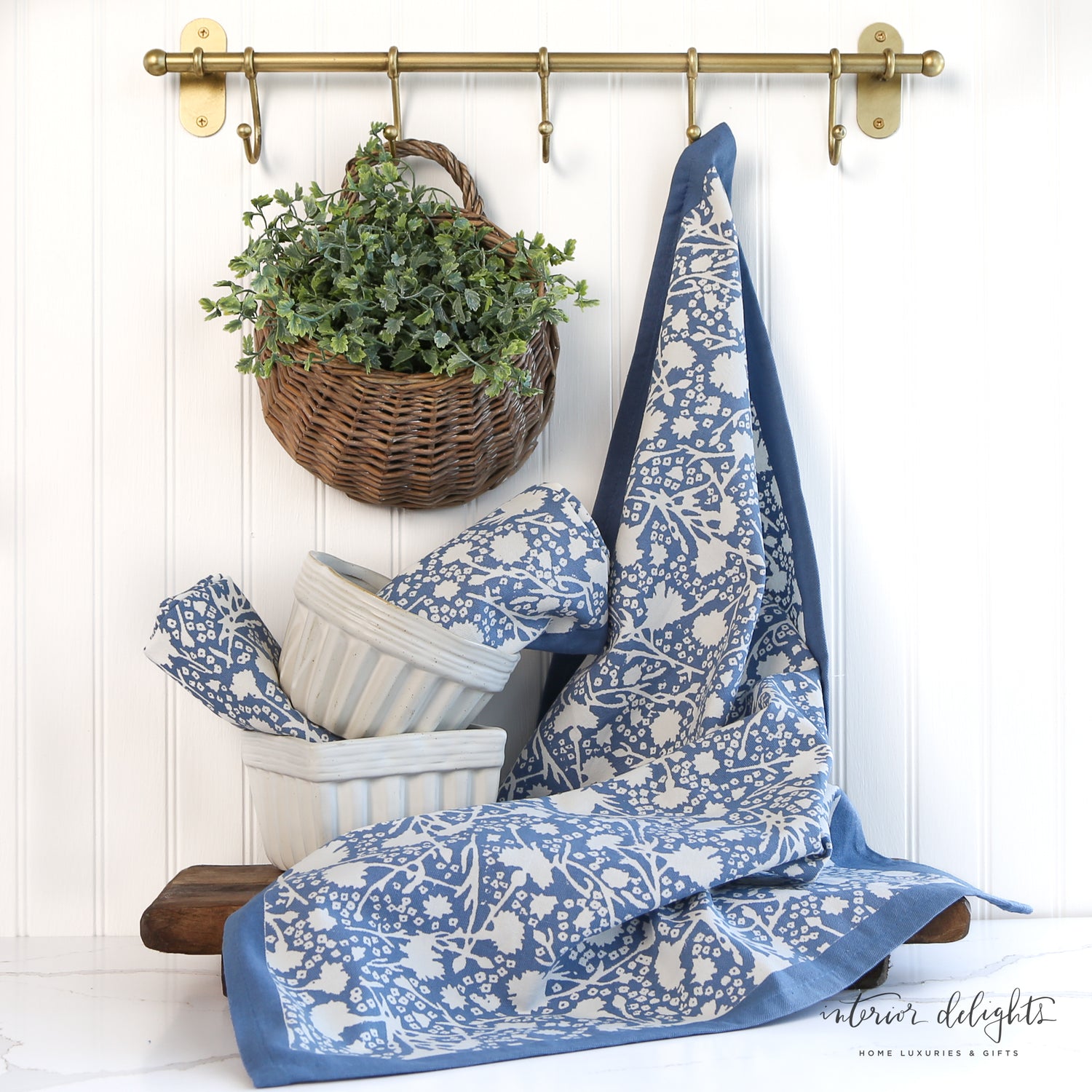 Meadows Bleu Floral Tea Towels - Set of 3 featuring blue and white floral designs, perfect for dining and picnics.