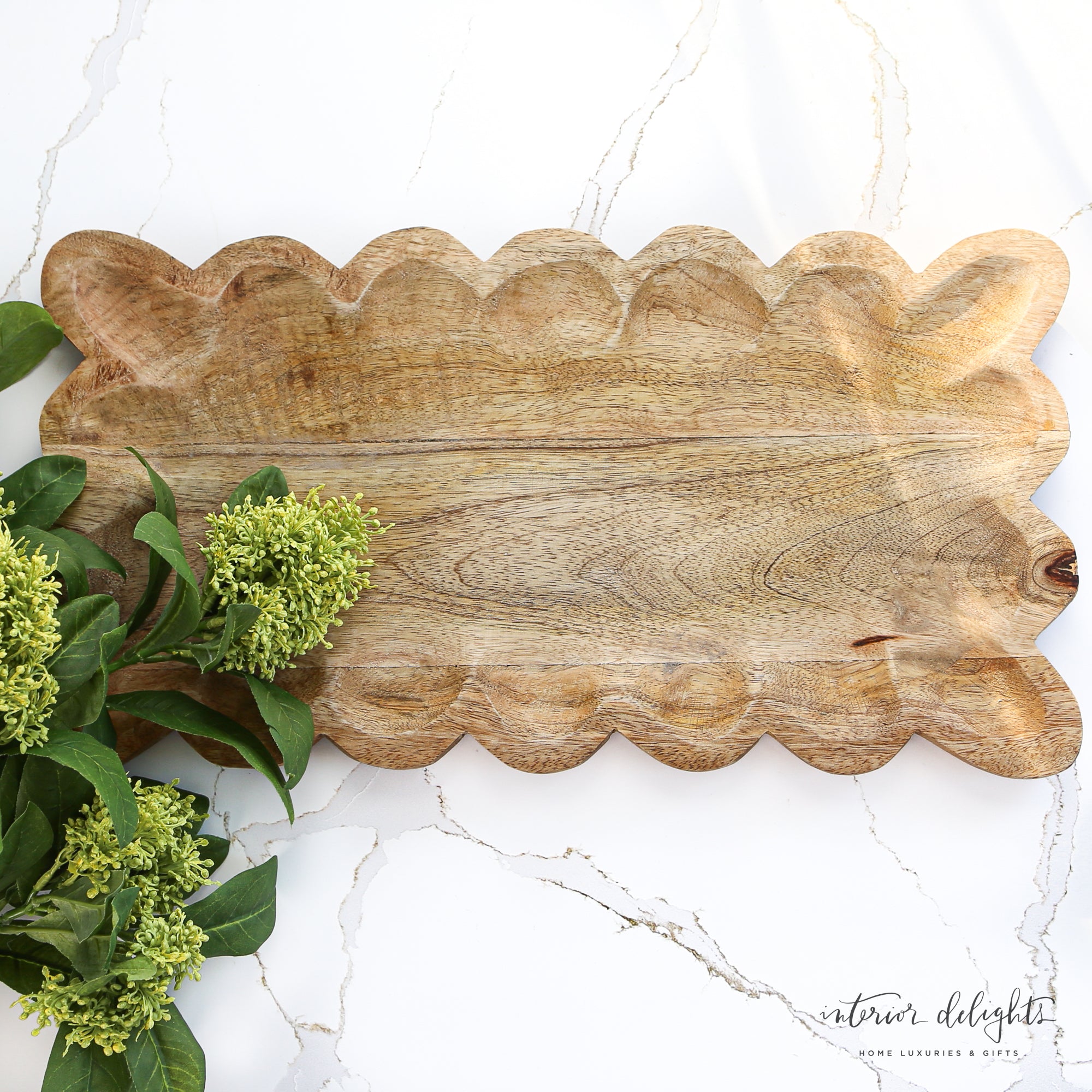 Mango Wood Tray with Scalloped Edge, beautifully grained and perfect for serving drinks or as decorative display.