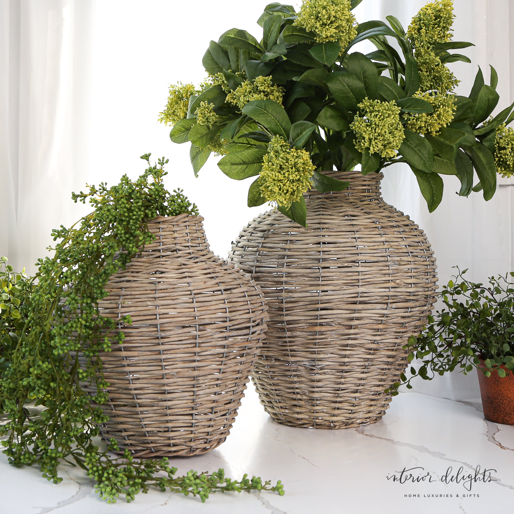 Large 13.5” Willow Vase displayed with Petite Blue Floral Stems, enhancing the inviting ambiance of home decor, part of the clearance sale.