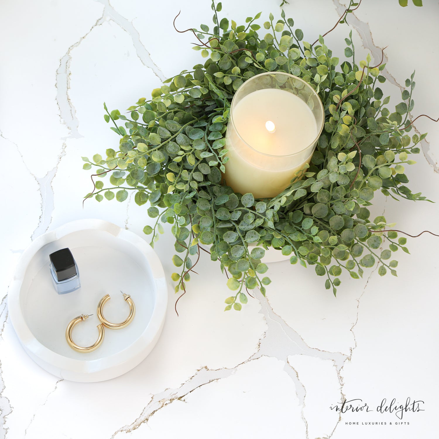 Mini Scalloped Tray Set-Final Sale displayed with candles and small items, highlighting its versatility for home decor and organization.
