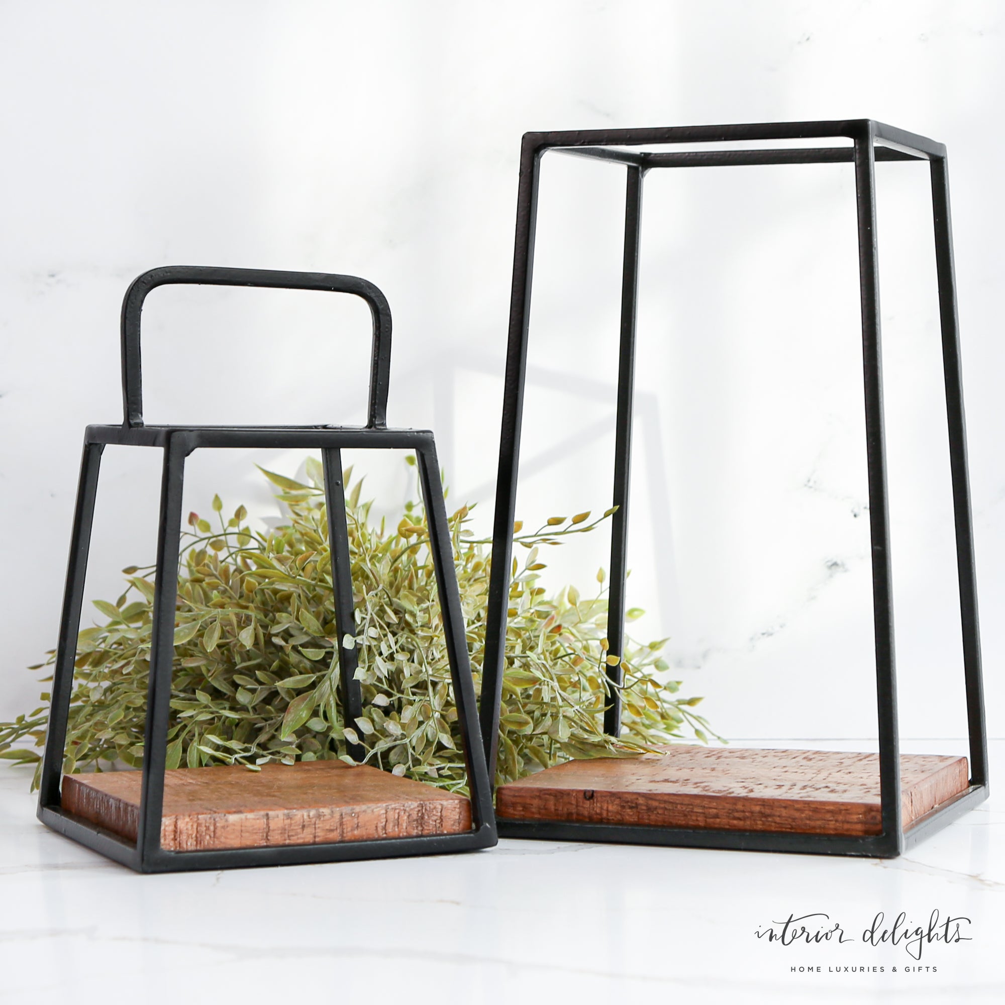 Mini Lantern Set - stylish black iron lanterns perfect for accenting shelves or tables.