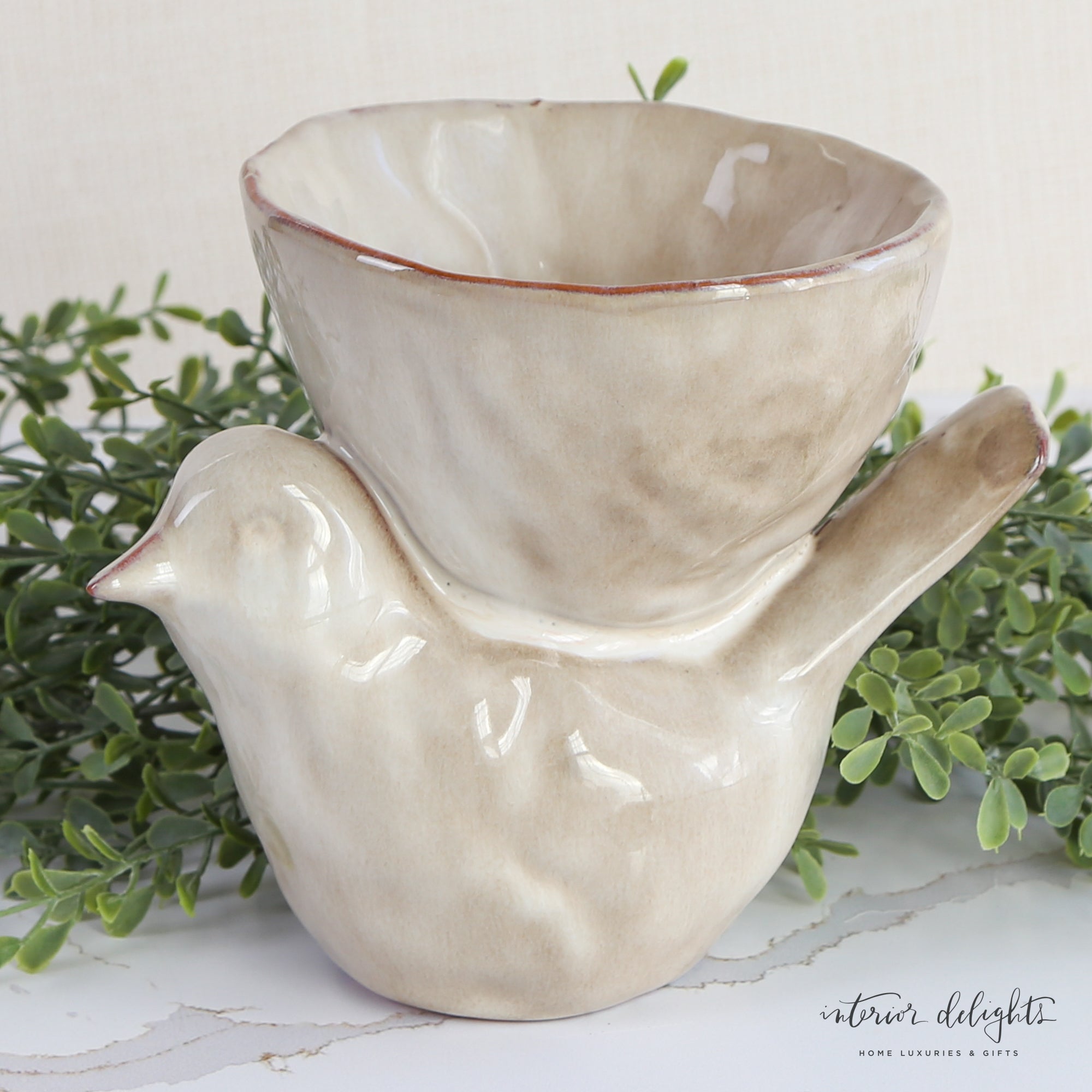 Stoneware Bird with Bowl - Cream, a charming decorative bird holding a bowl, perfect for rustic home decor.