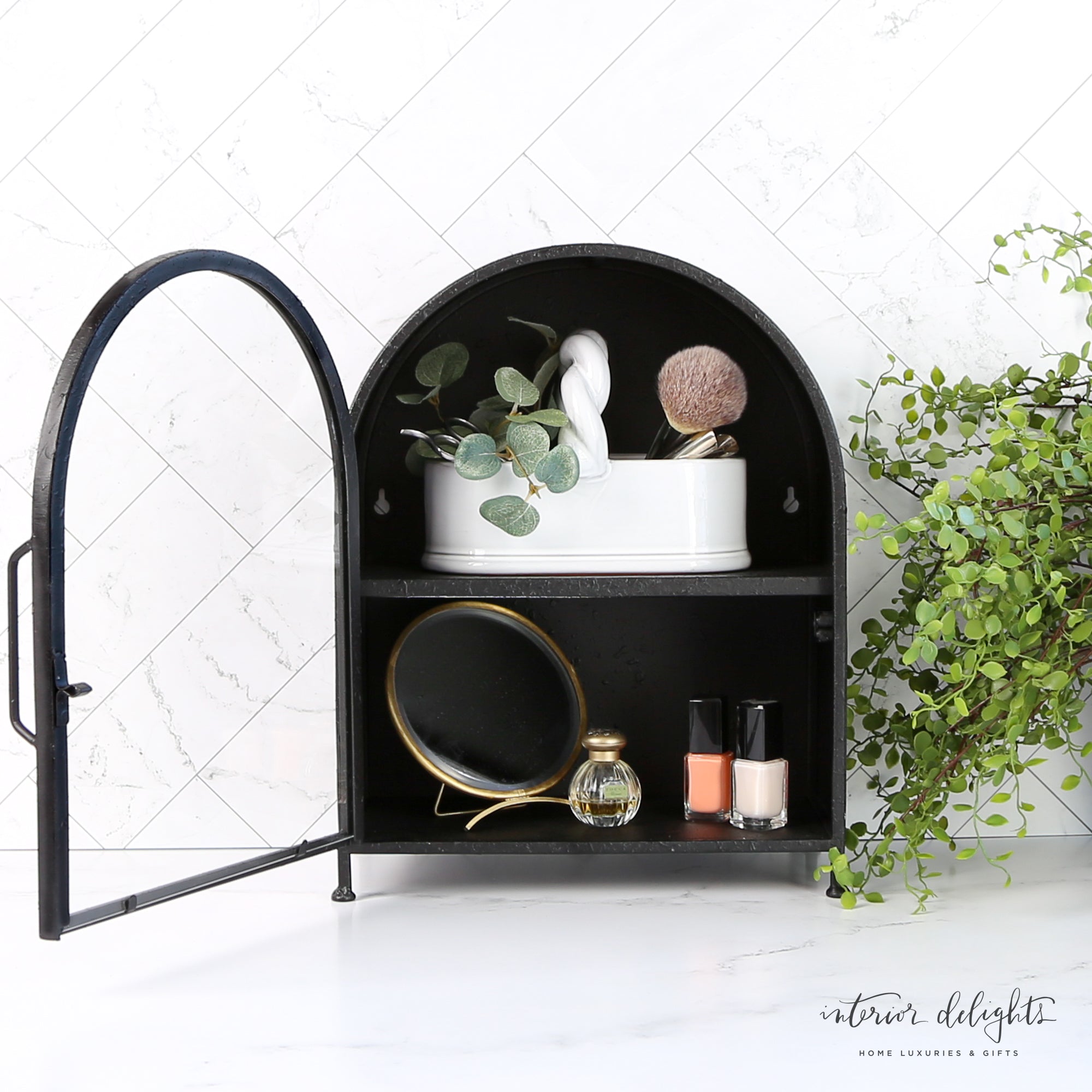 Interior view of Textured Metal Wall Cabinet with Glass Door showcasing organized storage.