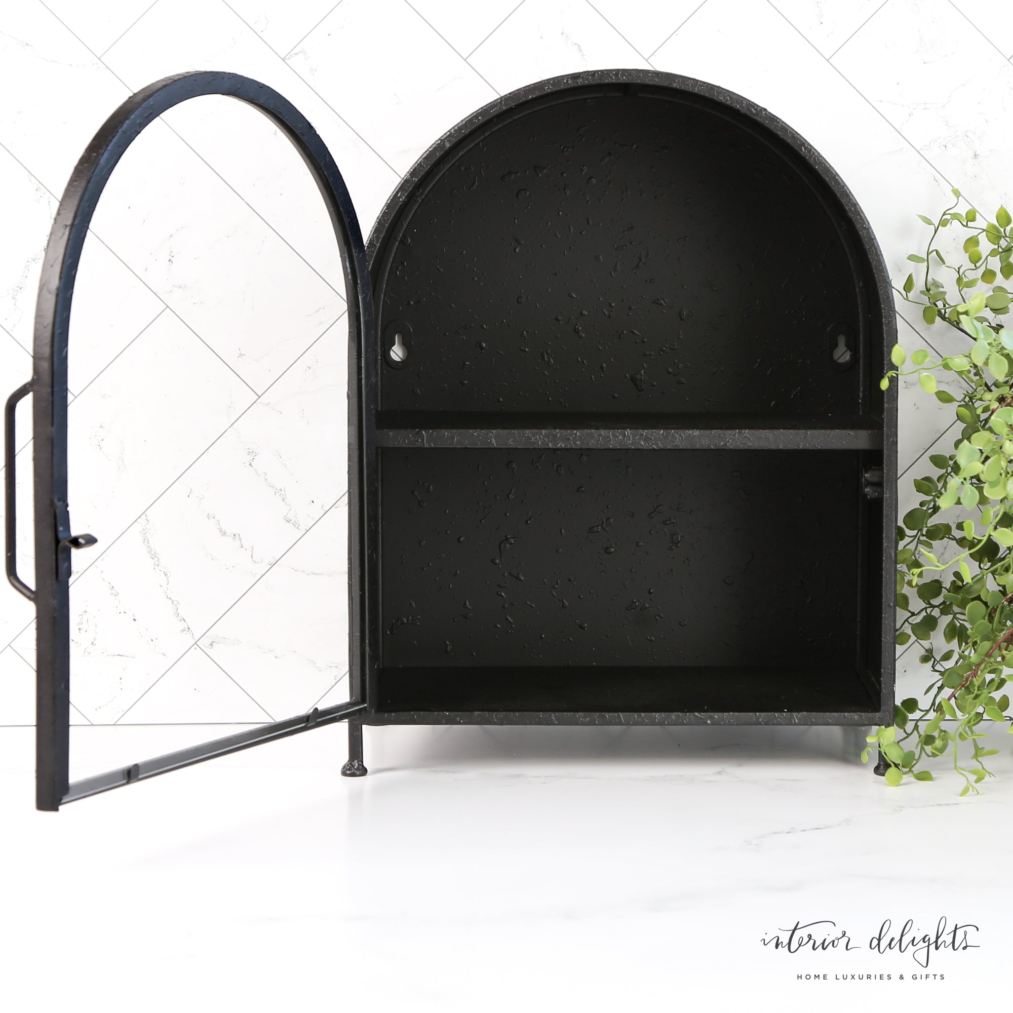 Textured Metal Wall Cabinet with Glass Door in Black, perfect for stylish storage and display in any room.