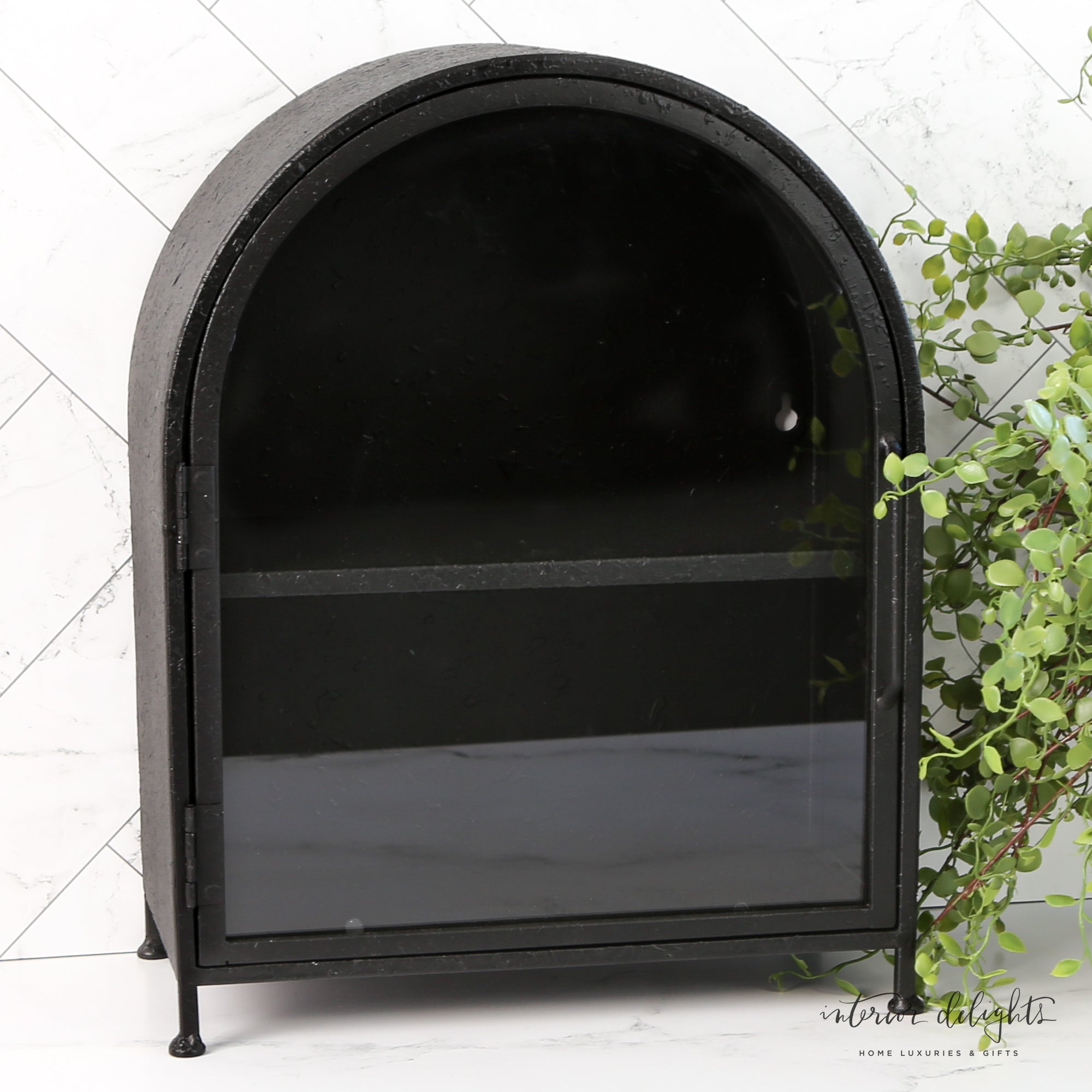 Wall mounting setup for Textured Metal Wall Cabinet with Glass Door, showing installation options.