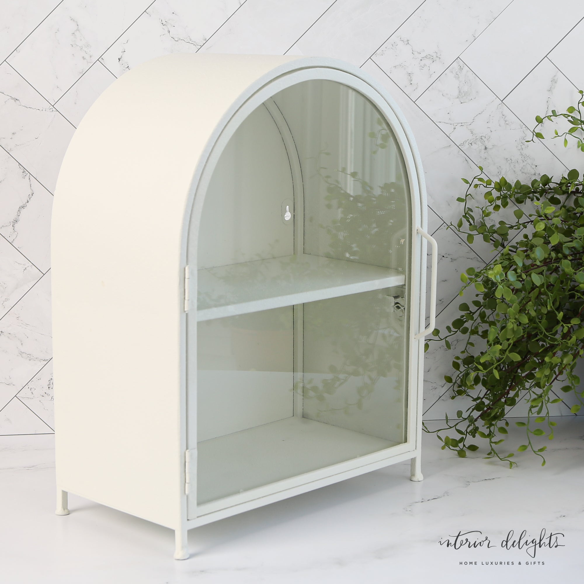 Textured Metal Wall Cabinet with Glass Door in White, stylish and durable storage solution for home organization.