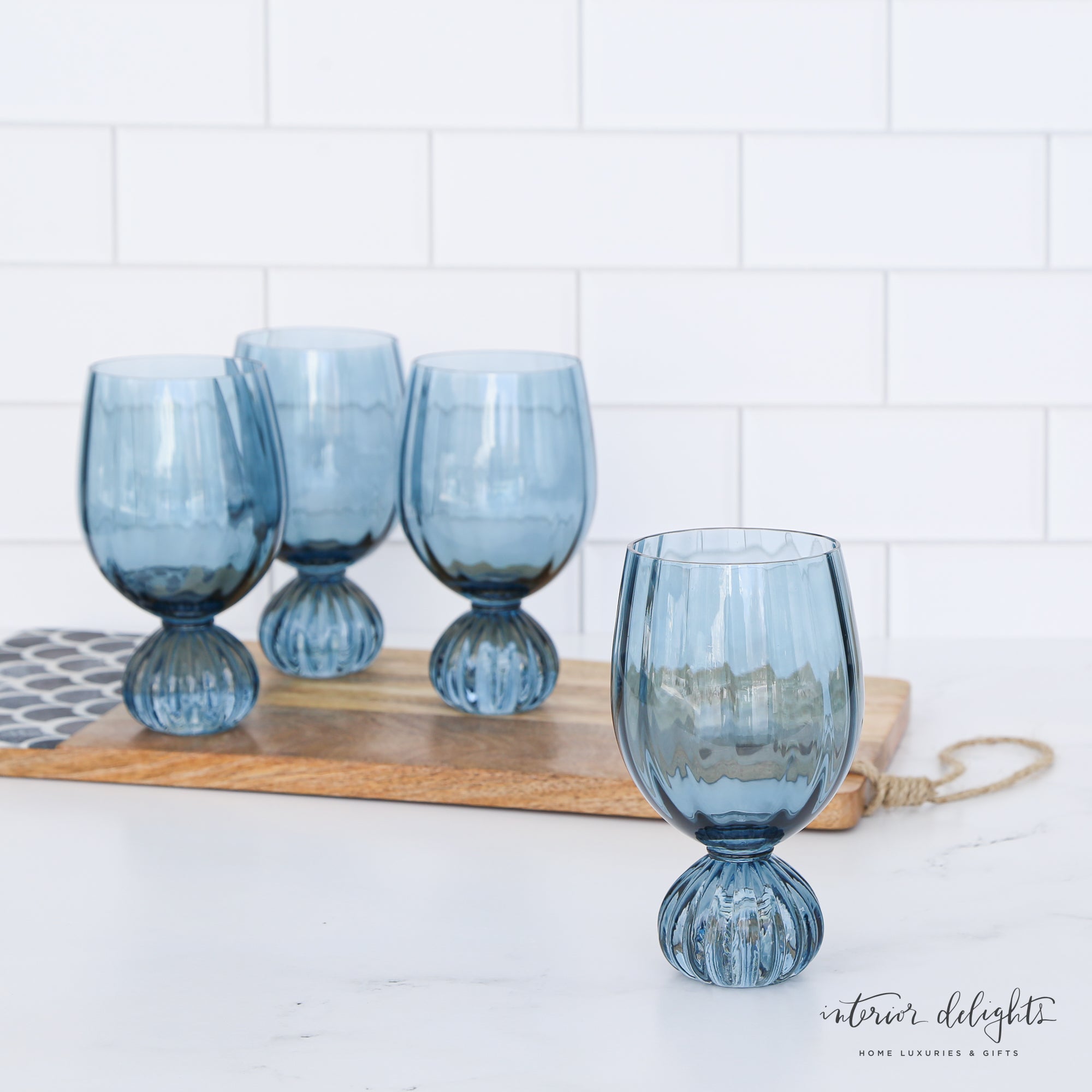 Blue Pleated Foot Drink Glass-Set of 4 - Interior Delights