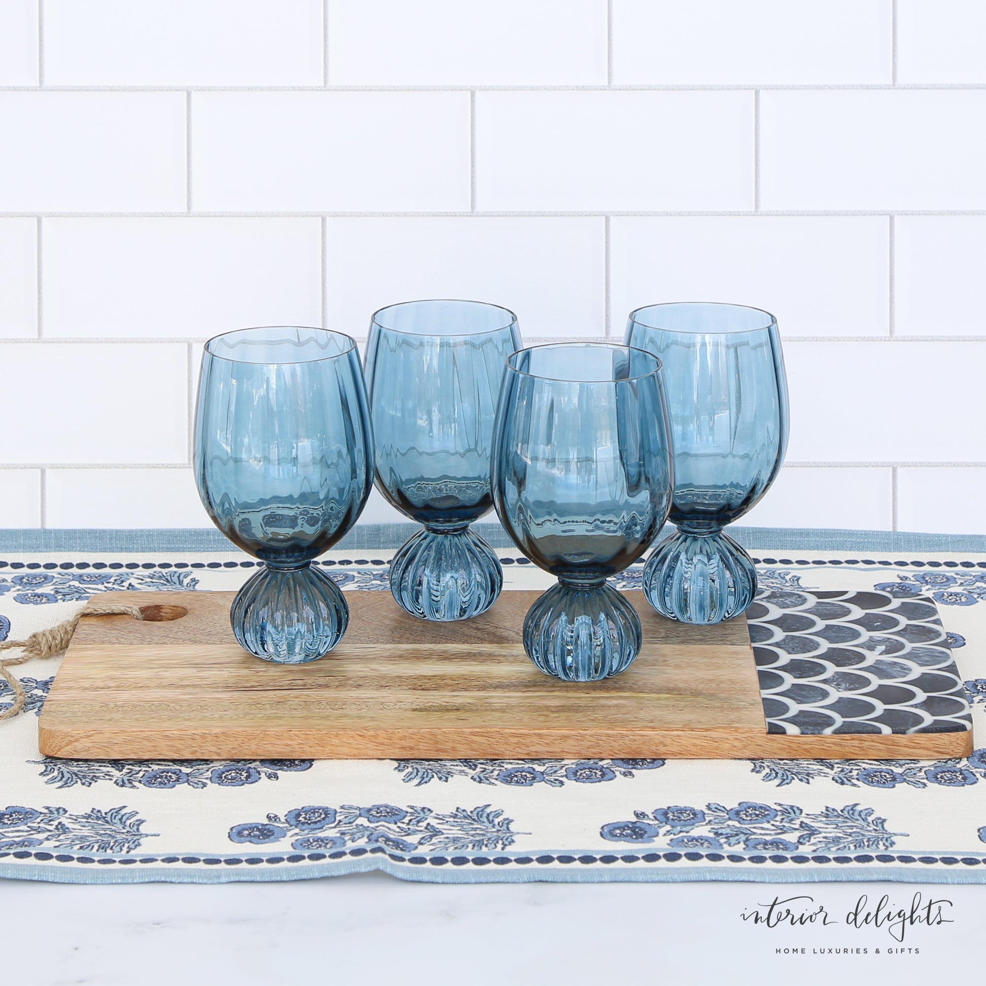 Blue Pleated Foot Drink Glass-Set of 4 - Interior Delights