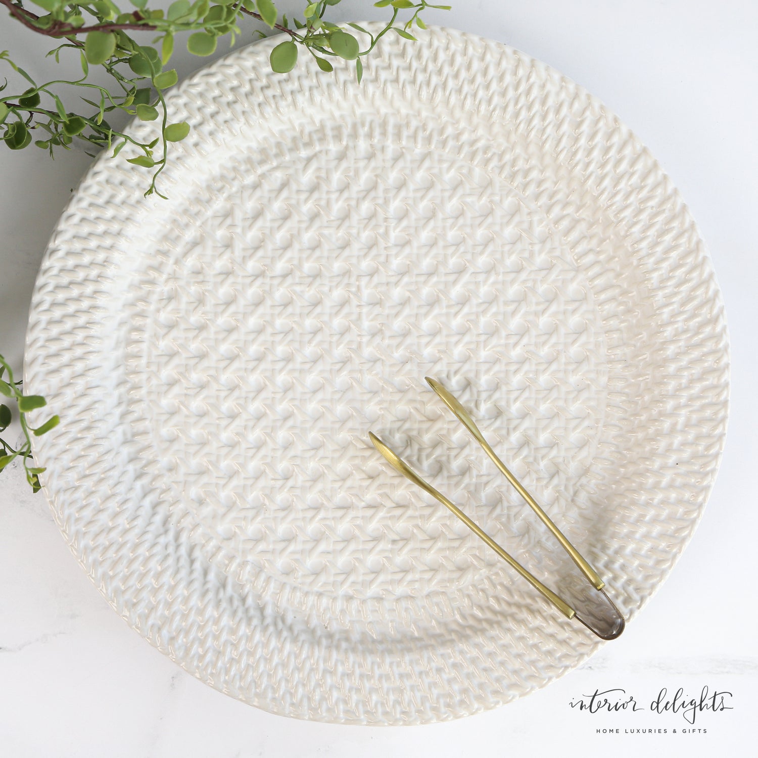 Elegant 5.75" brass serving tongs included with the Woven Stoneware Platter for effortless entertaining.