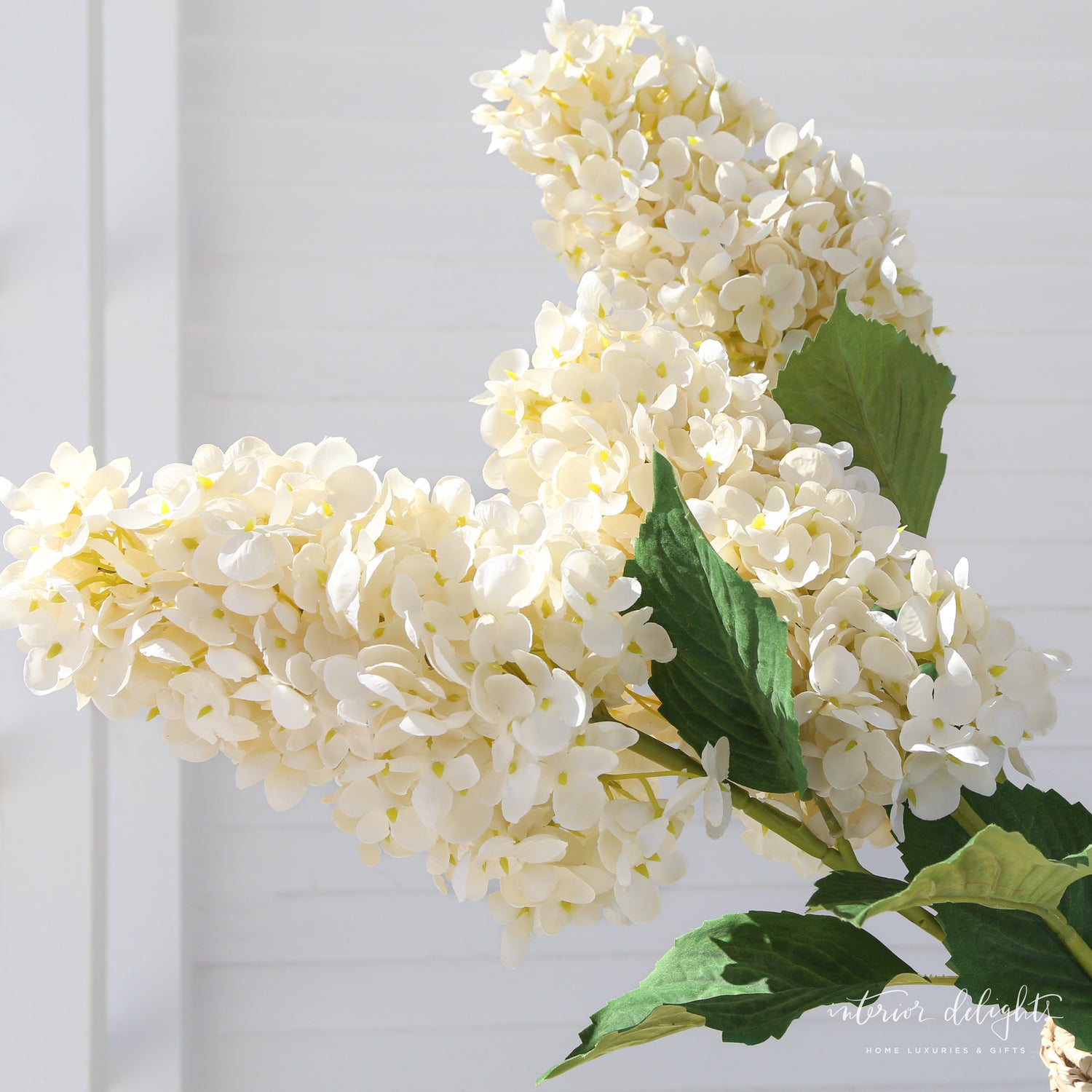 Three Summit Hydrangea stems of cream, green, and blue arranged in a Large Seagrass Vase.