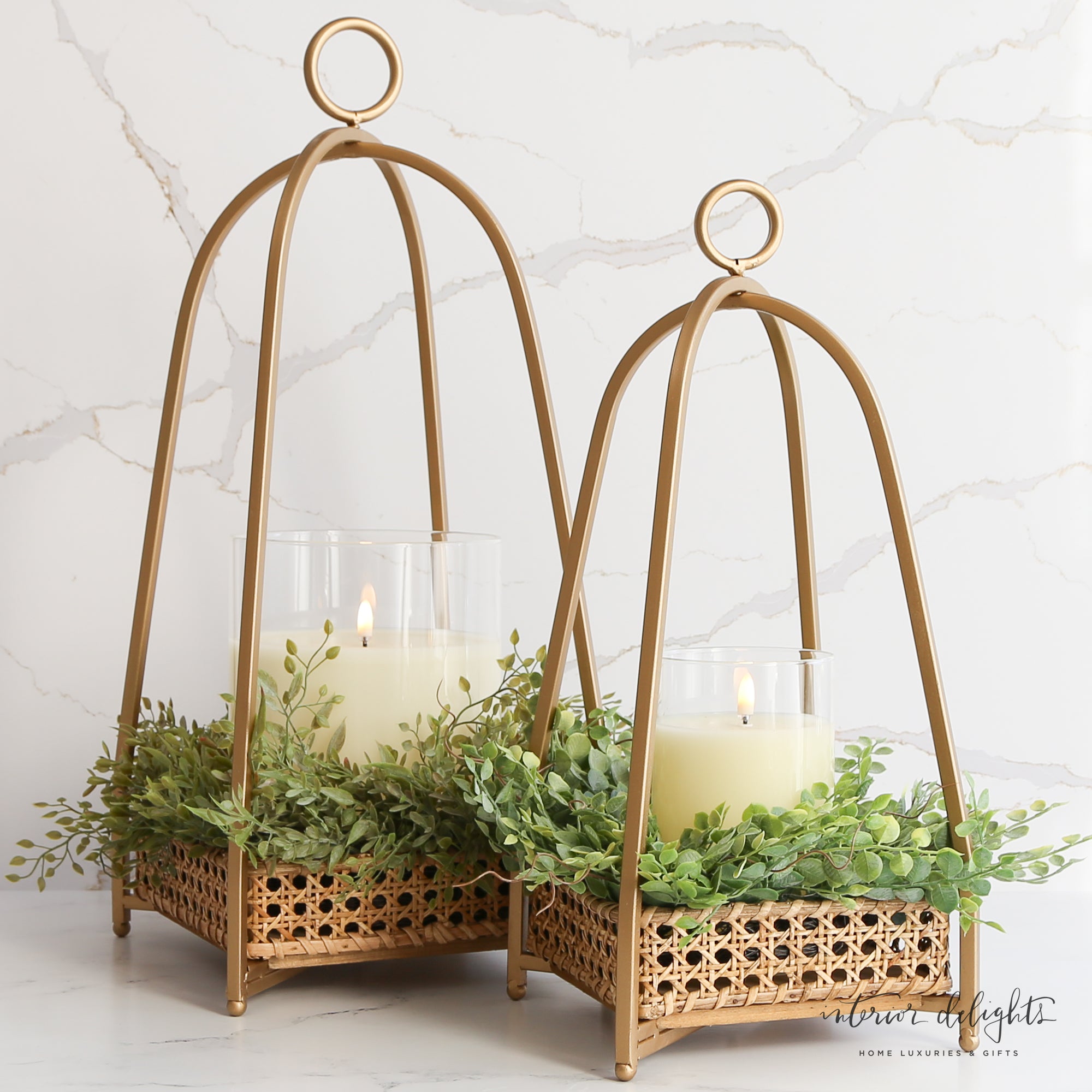 Large and small Cane Tray Lanterns - Set of 2, convenient for seasonal styling and easy storage.