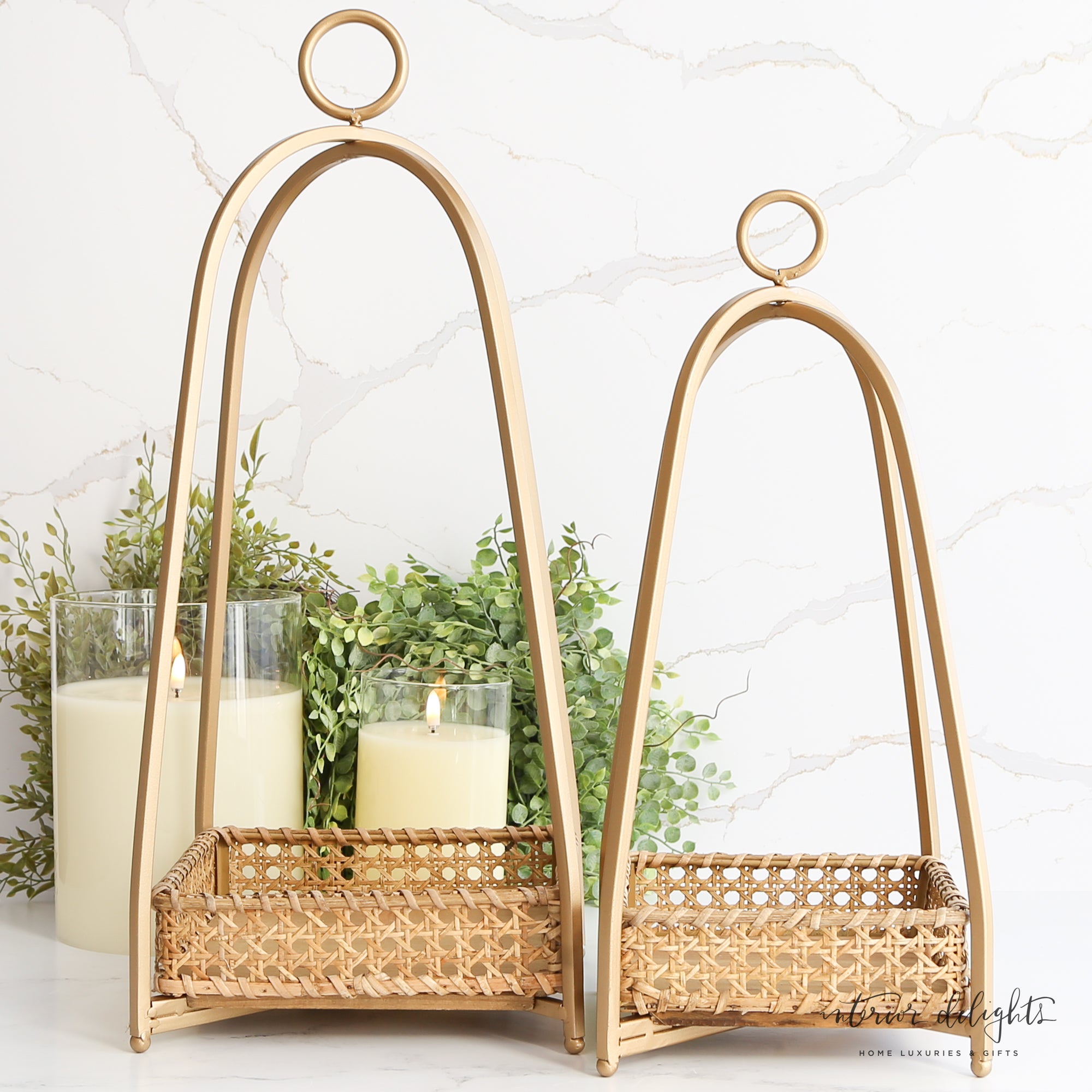 Beautiful wooden base of the Cane Tray Lanterns providing sturdy support and natural texture.