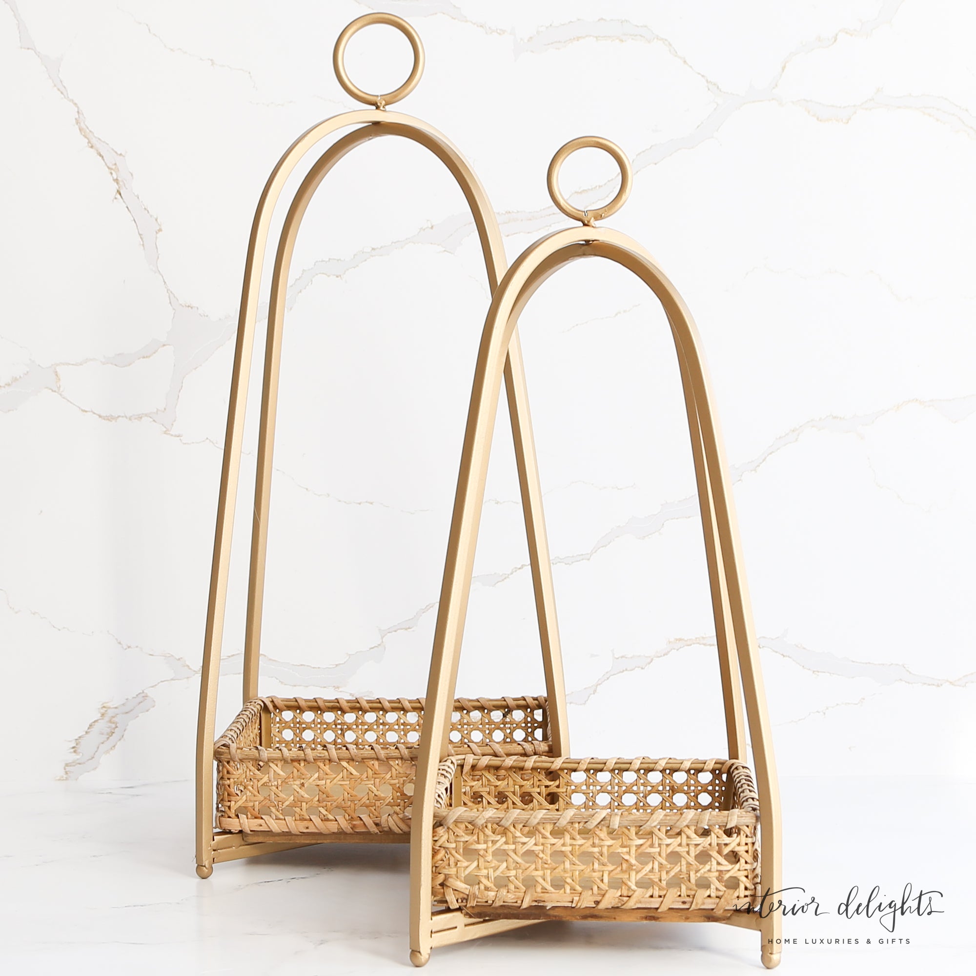 Cane Tray Lanterns - Set of 2 showcasing elegant open-weave cane design and gold metal finish, perfect for home decor.