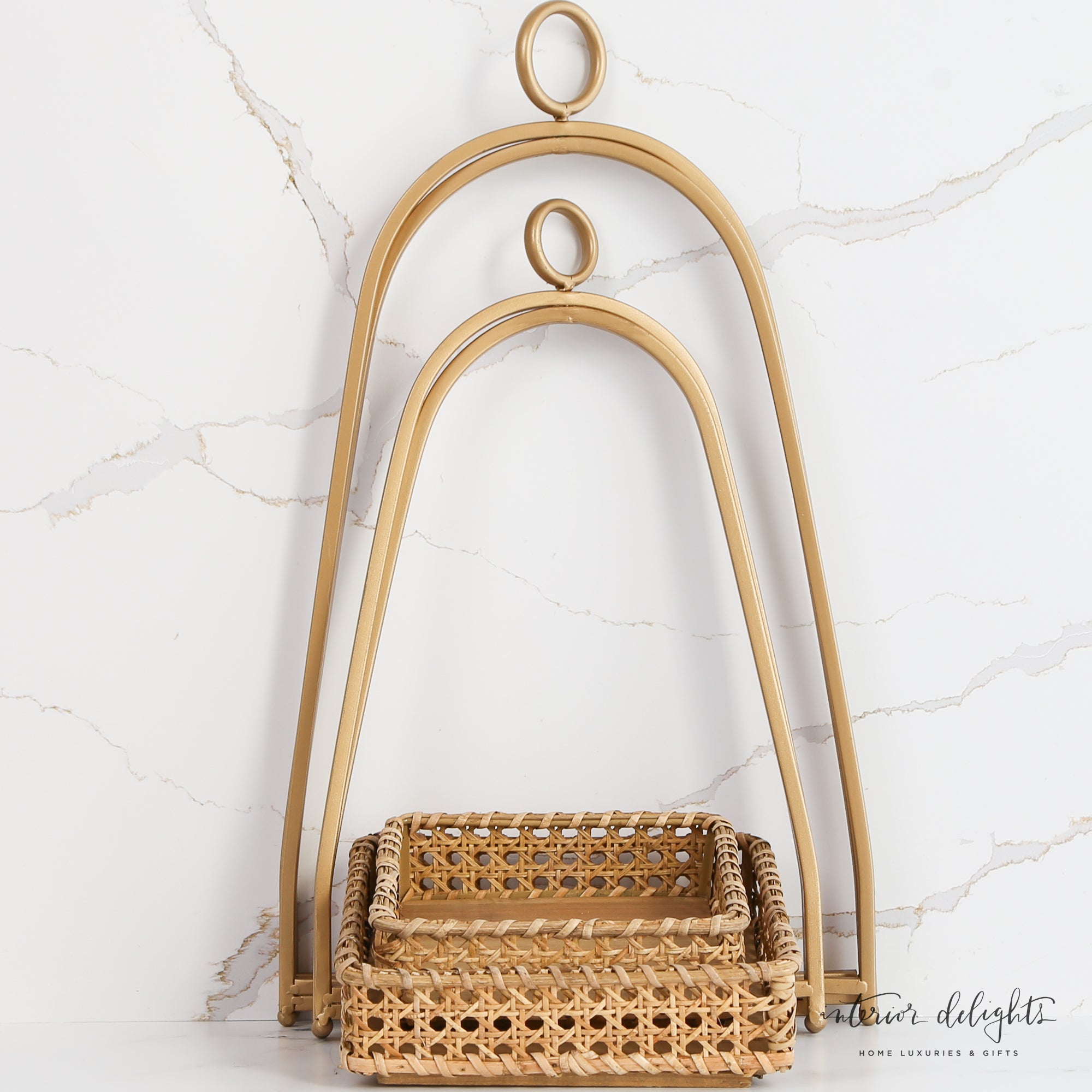 Cane Tray Lanterns Set of 2 featuring elegant open-weave design with a gold metal finish and sturdy wooden bases, ideal for seasonal decor and candle displays.