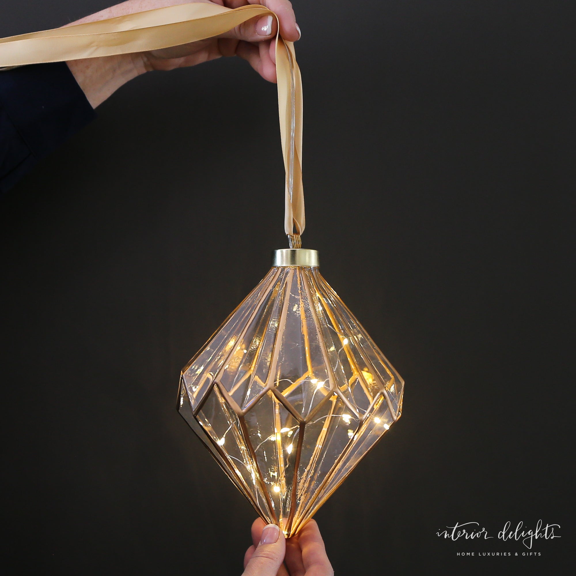 Etched Glass LED Individual Ornaments - all three shapes (Round, Pinecone, Diamond) showcasing warm LED lights set against a festive backdrop.