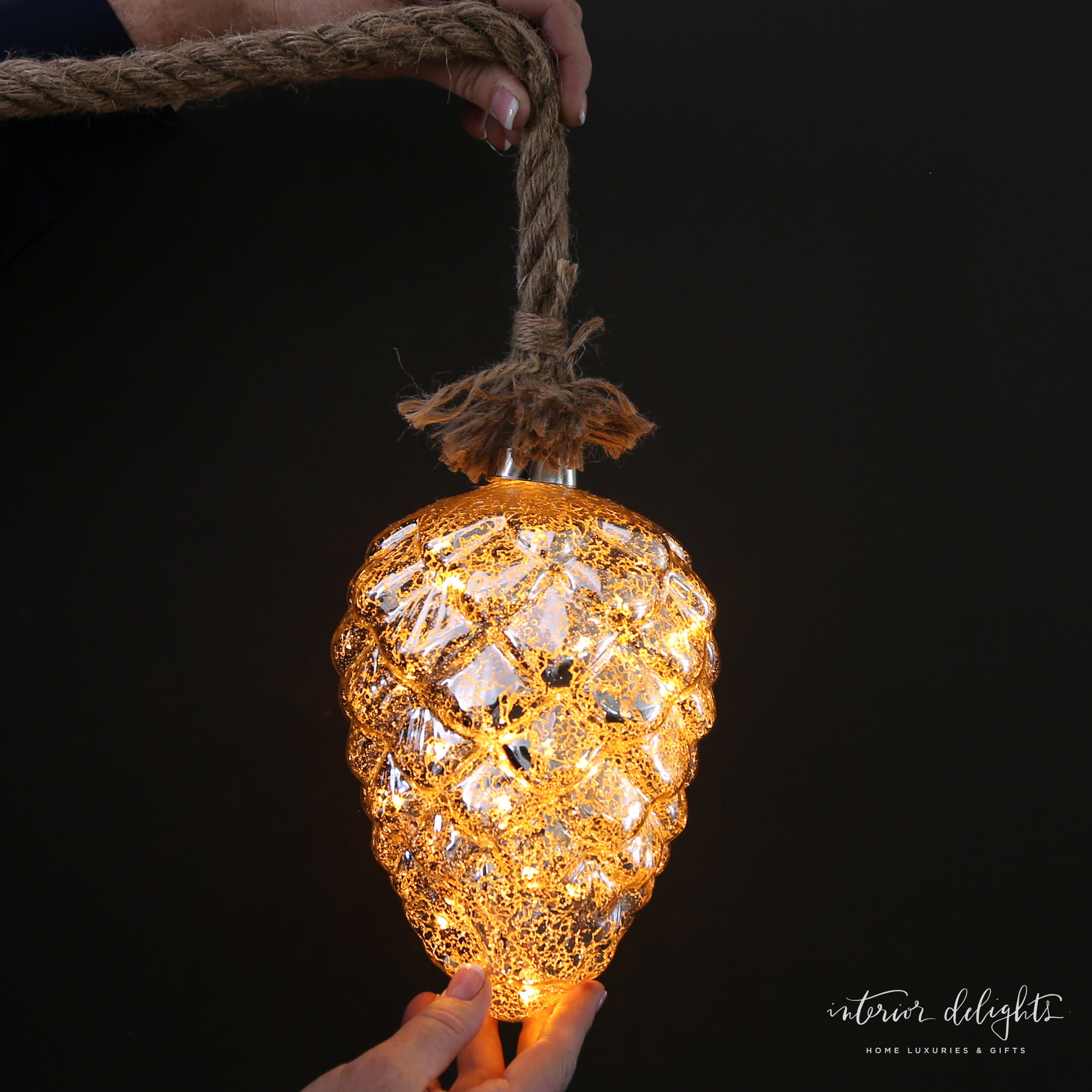 Luster Glass LED Individual Ornaments - Ball style, featuring warm lights for festive decor and a 28" twisted rope for hanging.