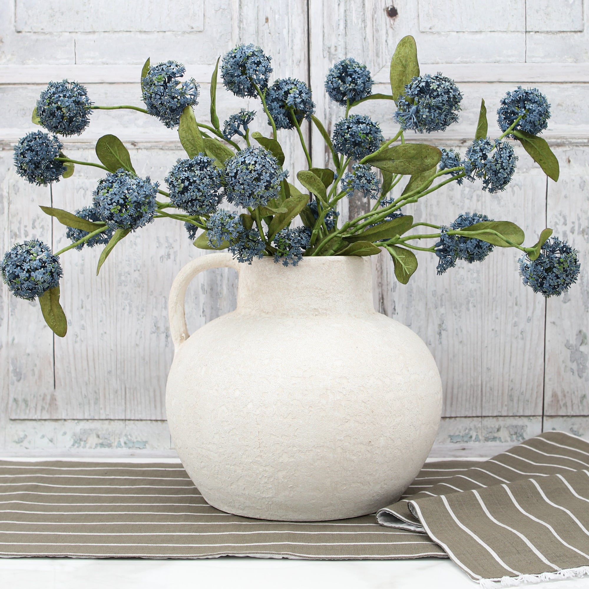 Luxe Vase and Blue Snowball Spray Arrangement