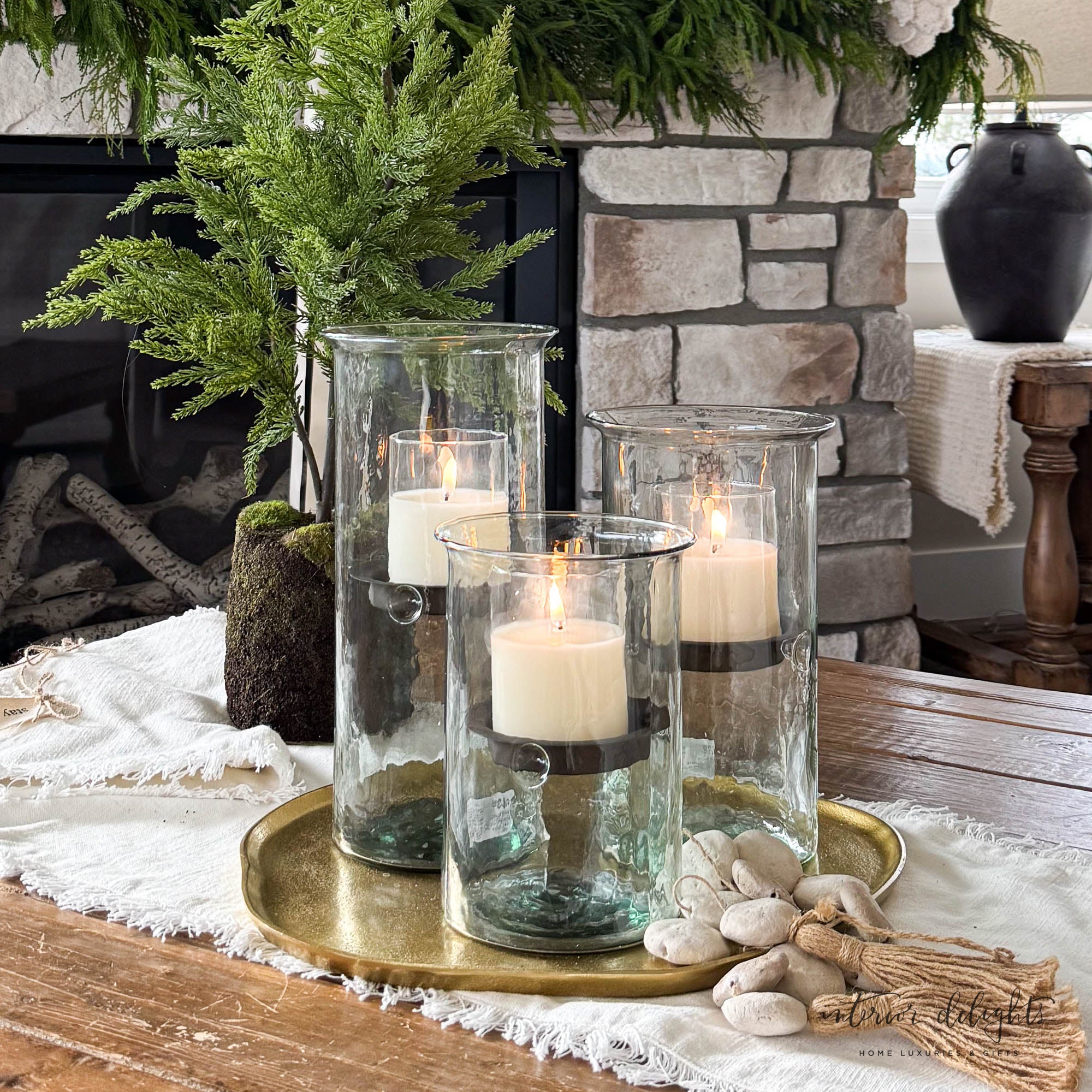Cylinder Candle Holders in tall size with rustic dark insert, perfect for seasonal decor.