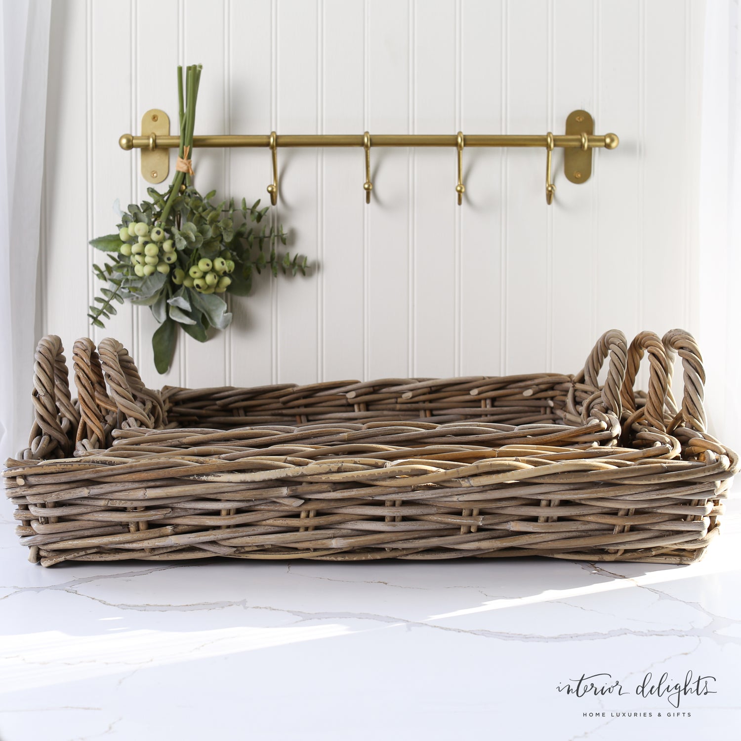 Close-up of the Large Nesting Willow Tray from the Set of 3, highlighting its intricate weave and warm hue.