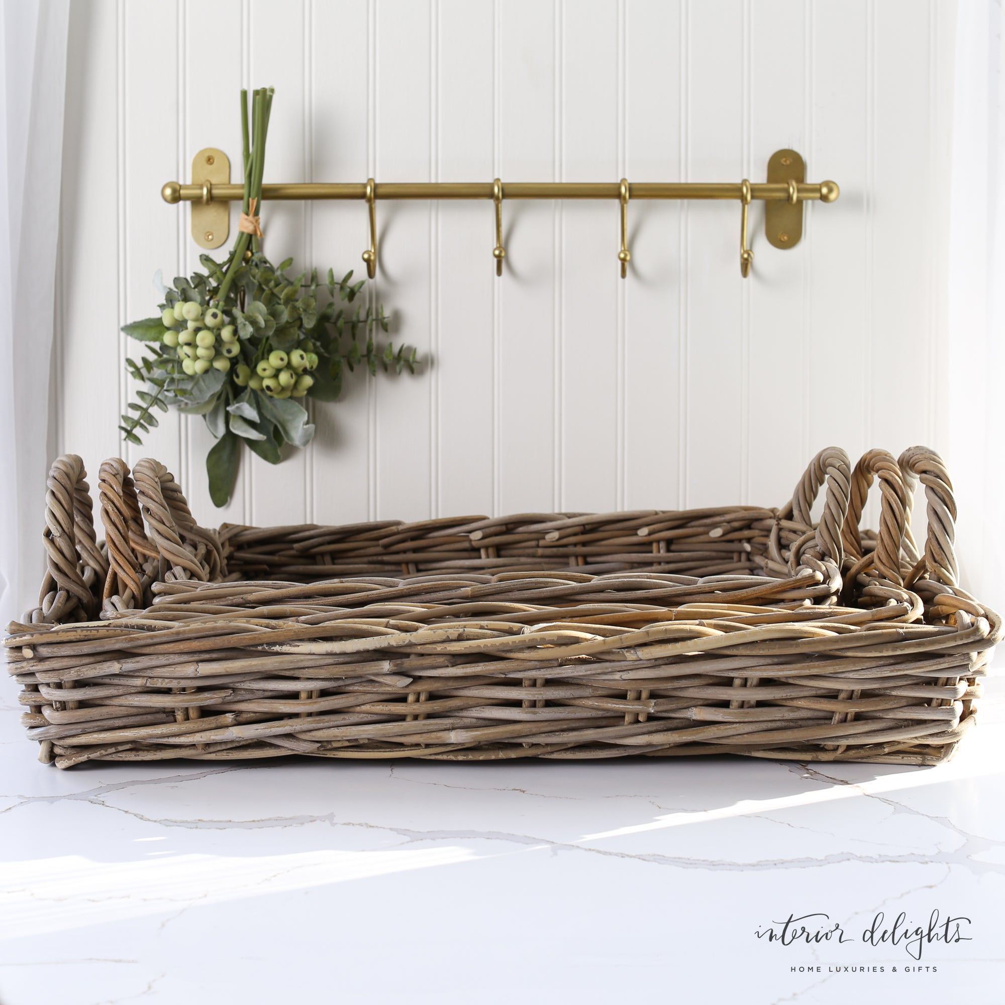 Close-up of the Large Nesting Willow Tray from the Set of 3, highlighting its intricate weave and warm hue.