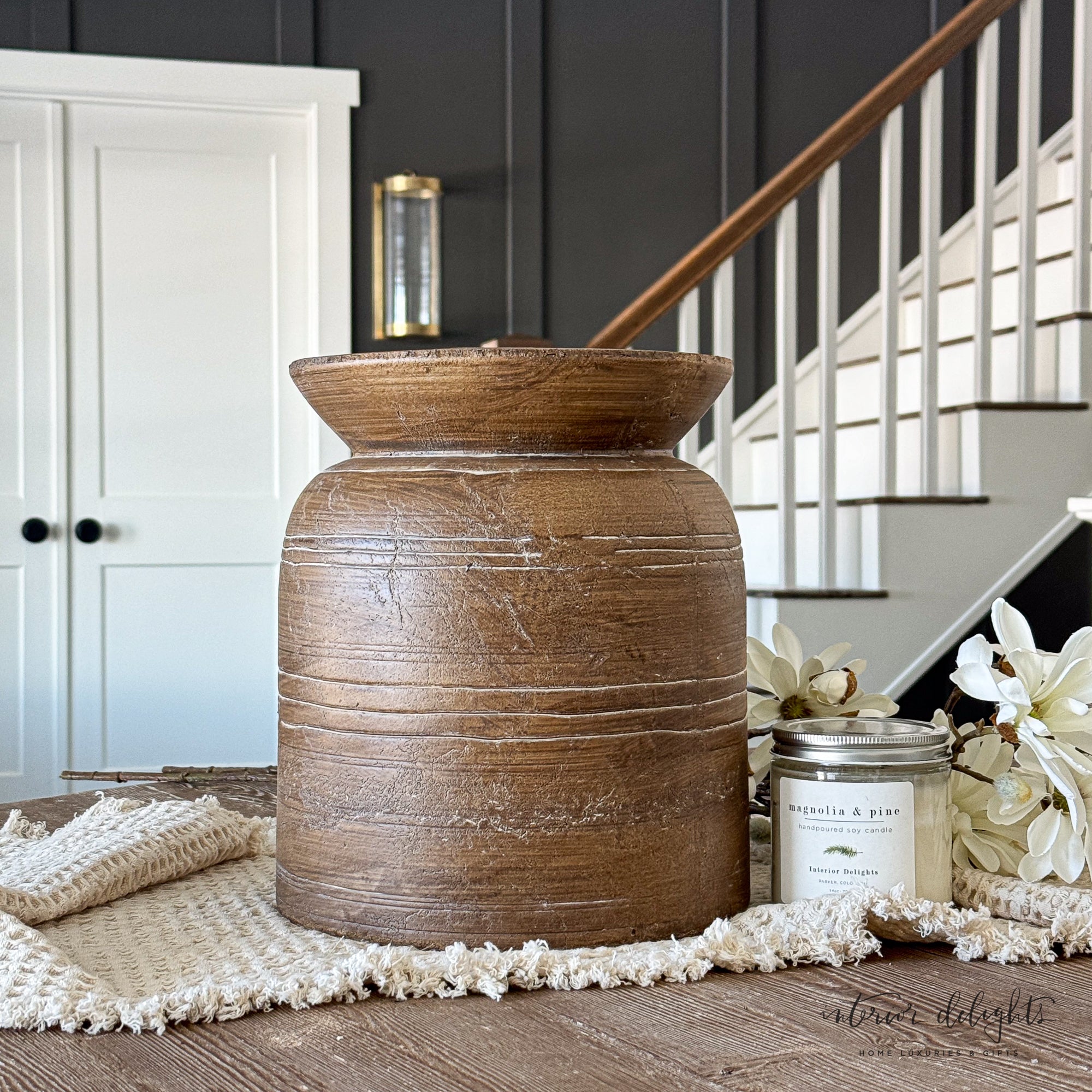 Close-up of 11.5" Brown Line Vase highlighting unique finish and vintage-inspired details, ideal for displaying florals.