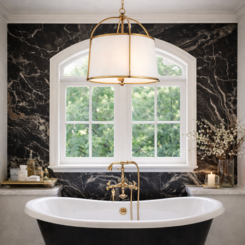 Jen - Antique Gold Chandelier with Linen Shade - Interior Delights