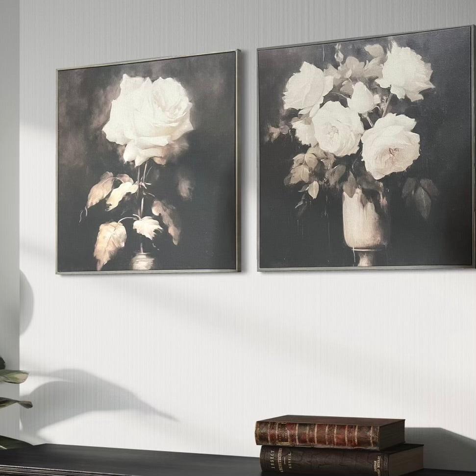 Another view of Vintage Floral art print, 24x24 size on natural cotton canvas, framed with a stylish thin gray hairline frame - available in 2 distinct styles.