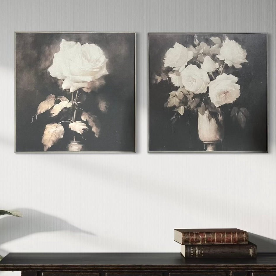 Vintage Floral art print, 24x24 size on natural cotton canvas, framed in a thin gray hairline frame - 1 of 2 styles to choose from.
