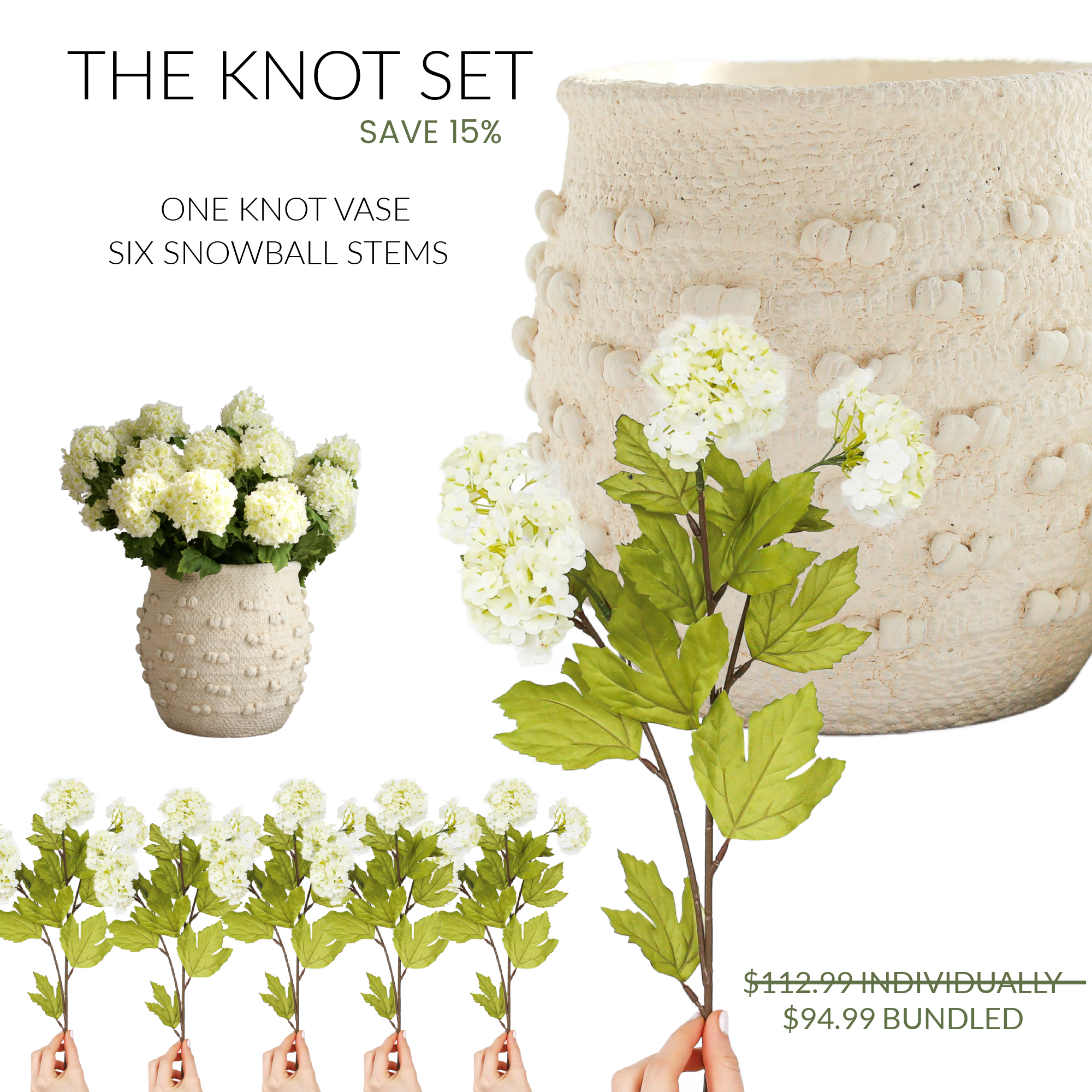 The Knot Curated Set: Cream Knot Vase + 6 Snowball Sprays