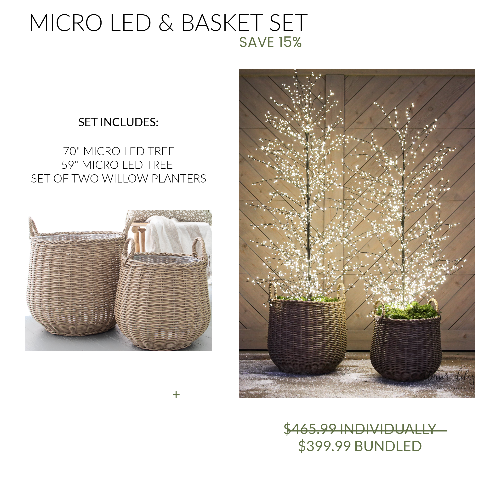 Curated Set: 2 Full Trunk LED Trees and 2 Round Willow Baskets