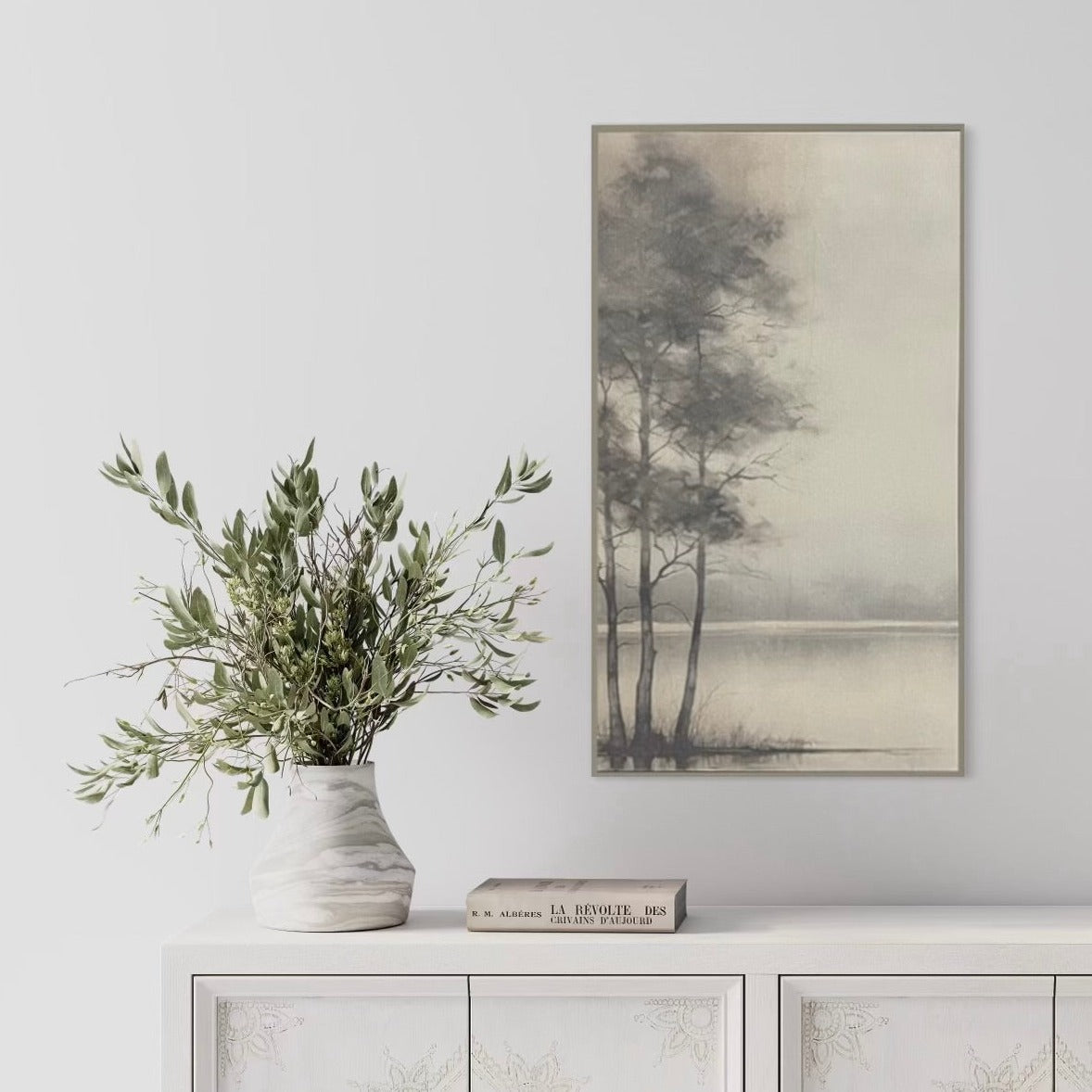 Vintage Trees artwork printed on natural cotton canvas, framed in a thin gray hairline frame, perfect for home decor.