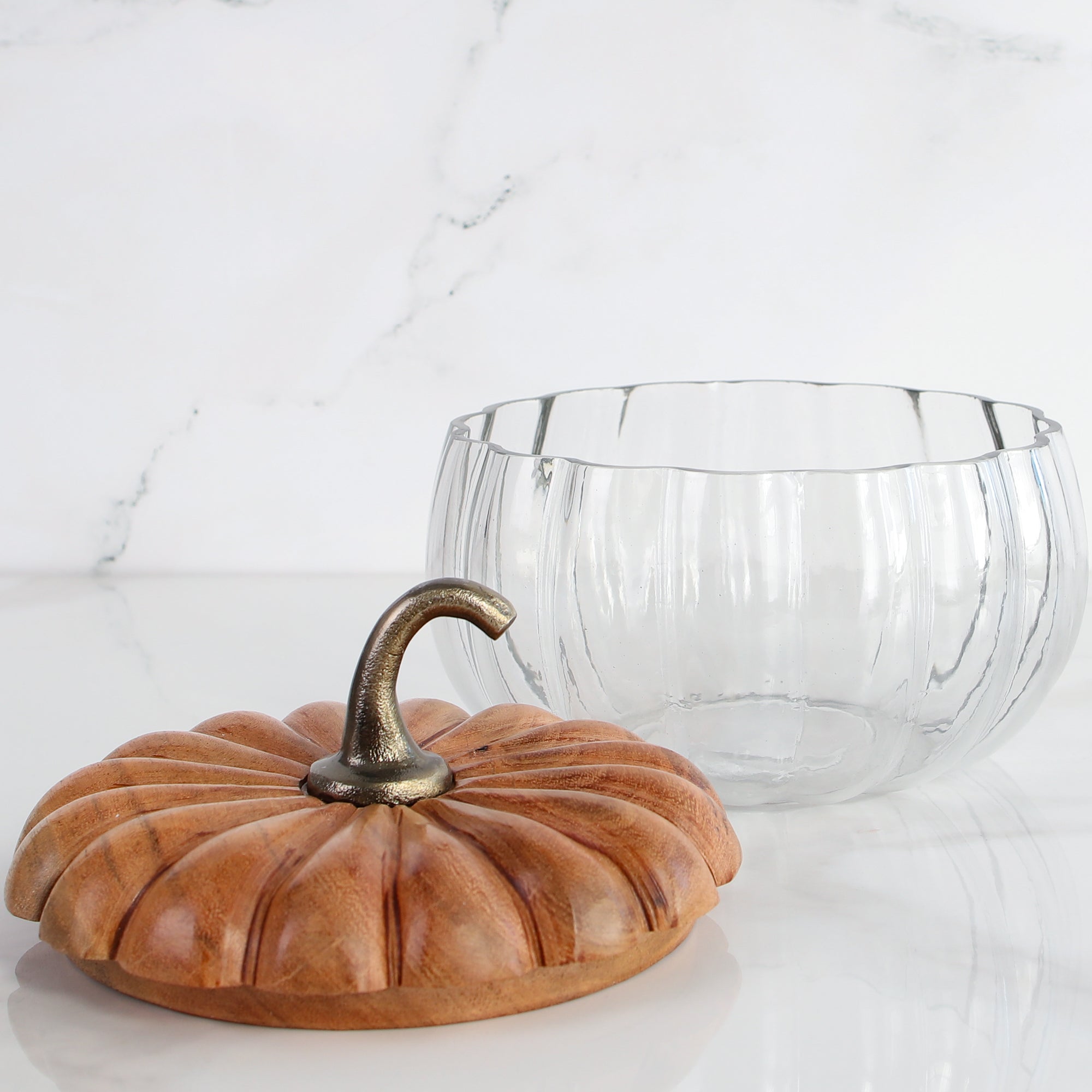 Glass Pumpkin Dishes with Wood Lids- Small or Large