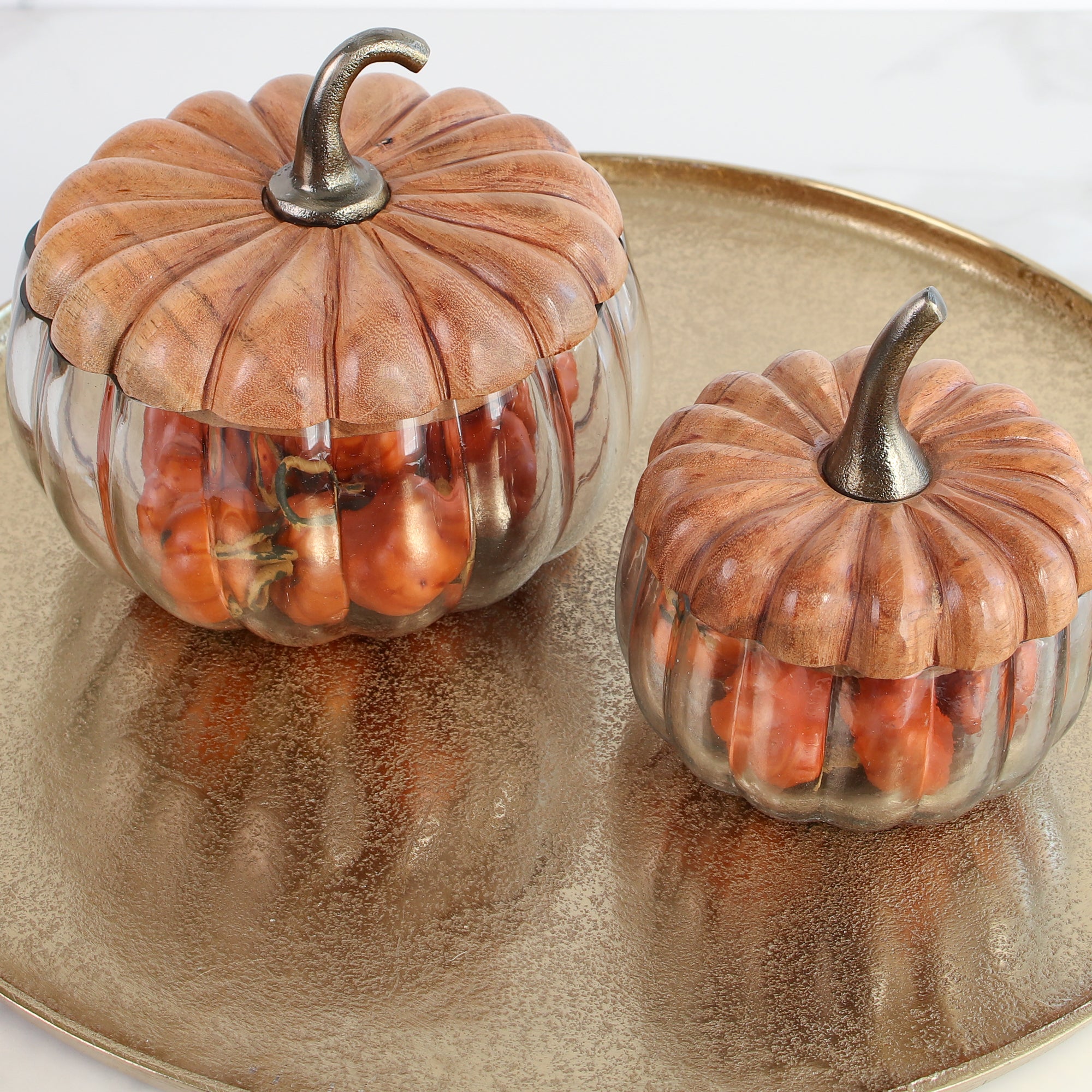 Glass Pumpkin Dishes with Wood Lids- Small or Large