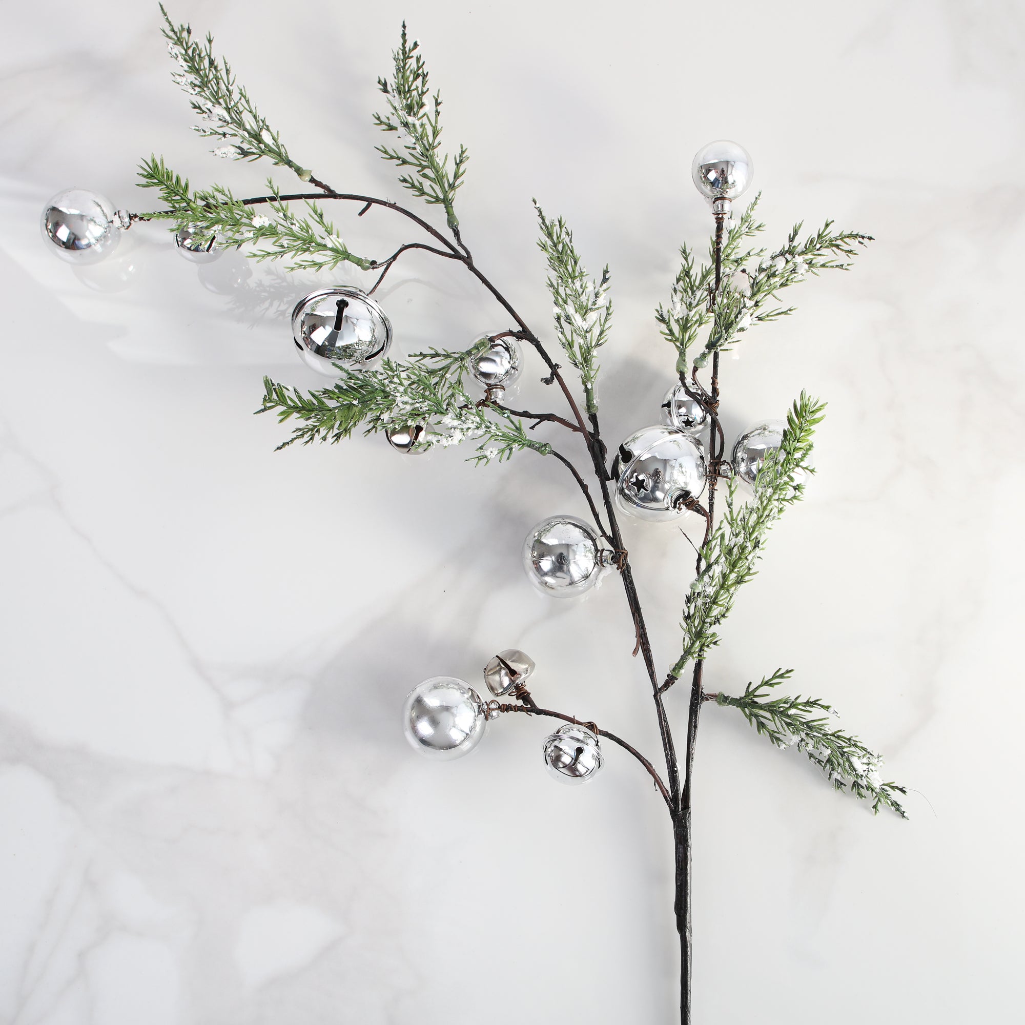 Snowy Pine Branch with Silver Bells- 24in