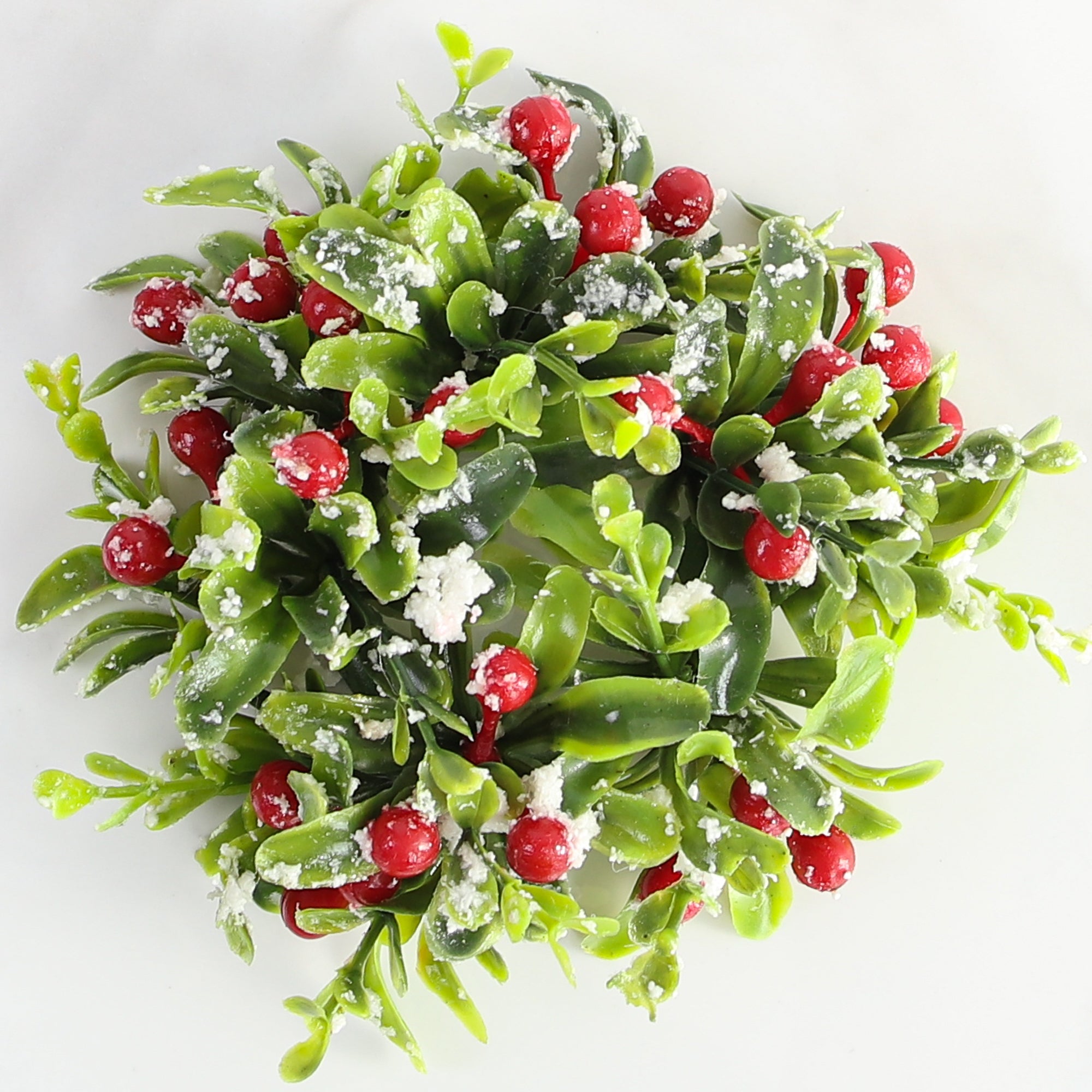 4.5" Snowy Boxwood and Berry Taper Sized Candle Ring