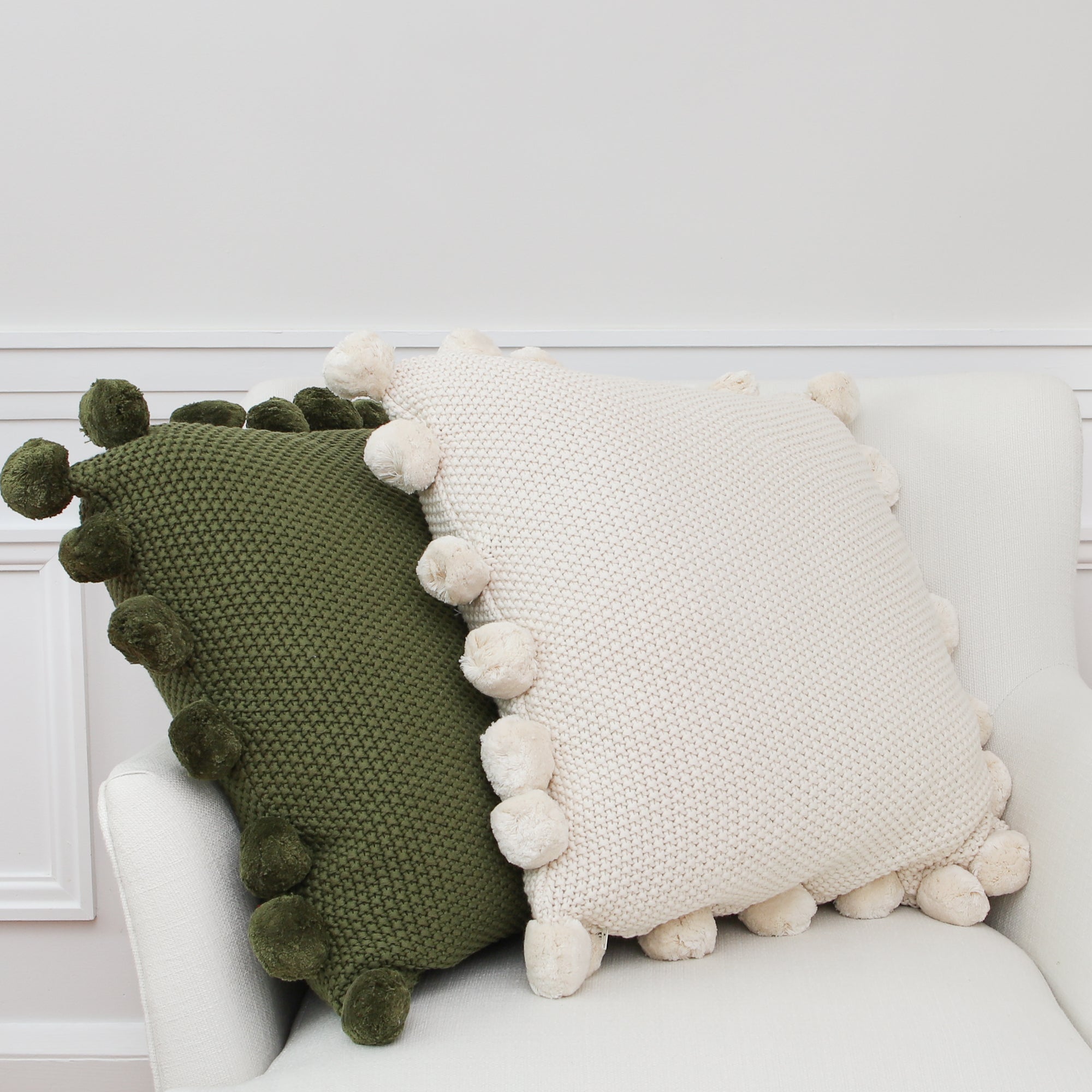 Green Knit Pillow with Pompom Trim
