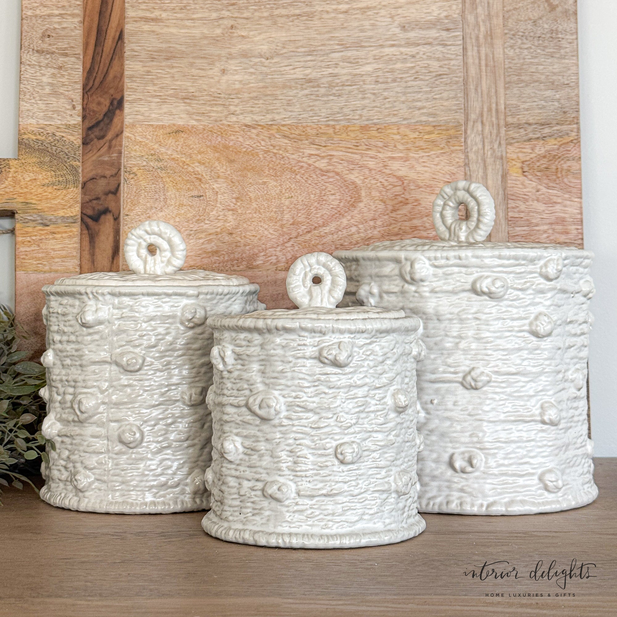 Knotted Canister Set - Large woven ceramic canister with a textured design and tight-seal top for kitchen storage.