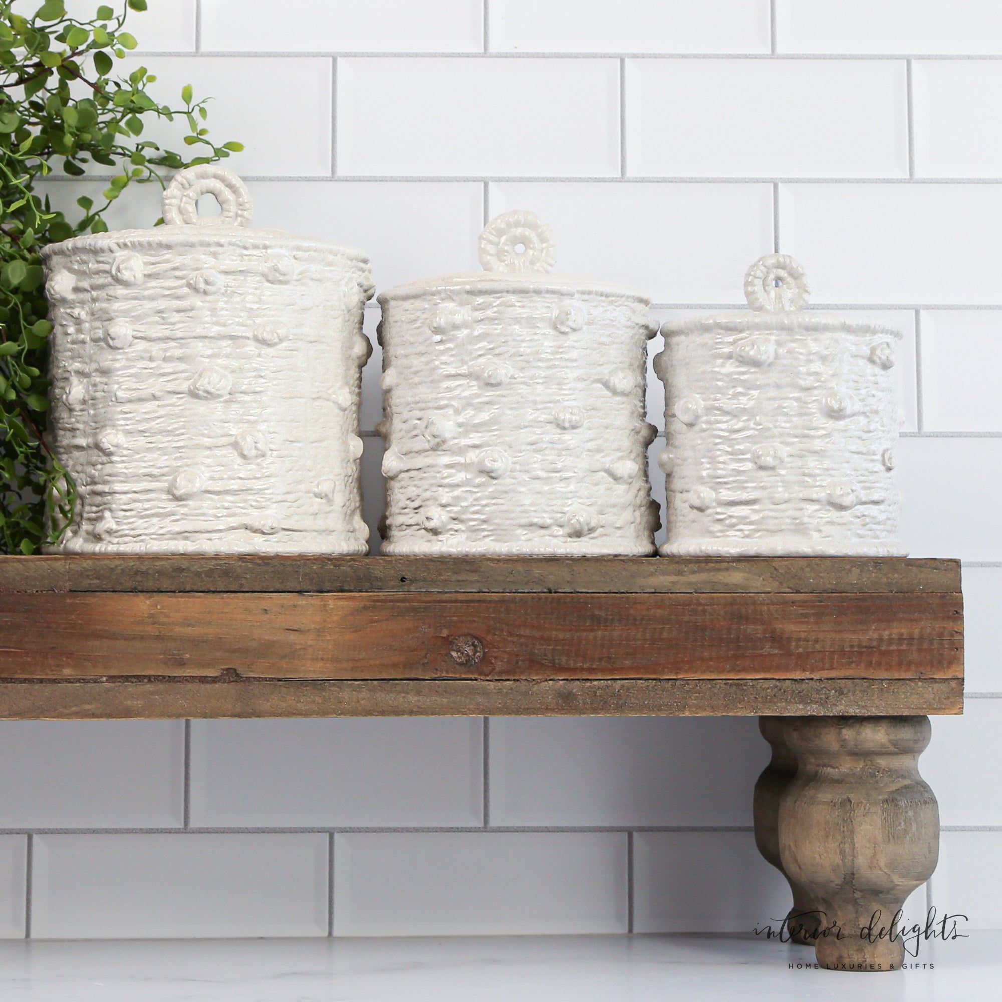 Knotted Canister Set featuring three beautifully textured ceramic canisters with tight-seal tops perfect for kitchen and bathroom organization.