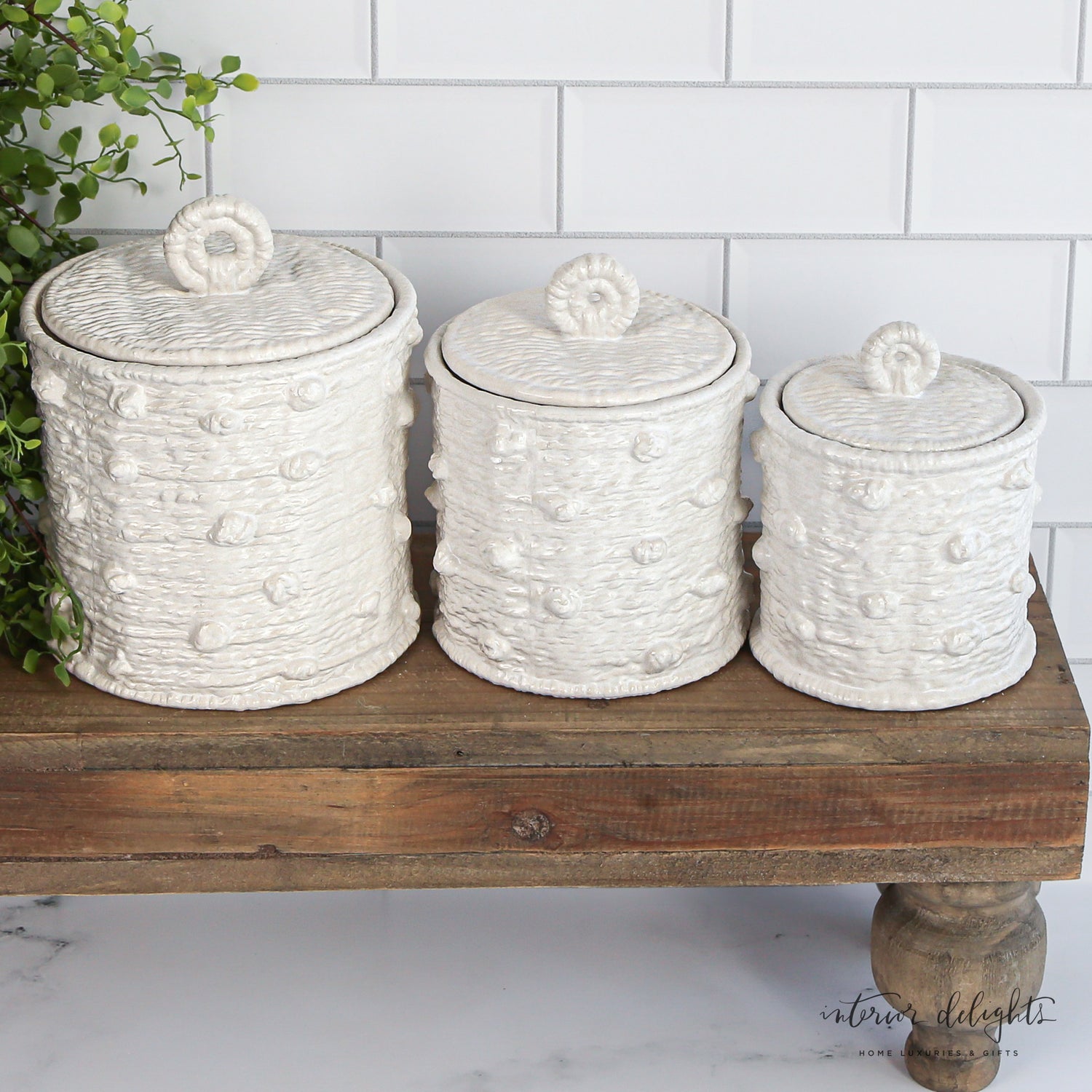 Knotted Canister Set - Three sizes of ceramic canisters creating an artisanal charm in your kitchen or bathroom decor.