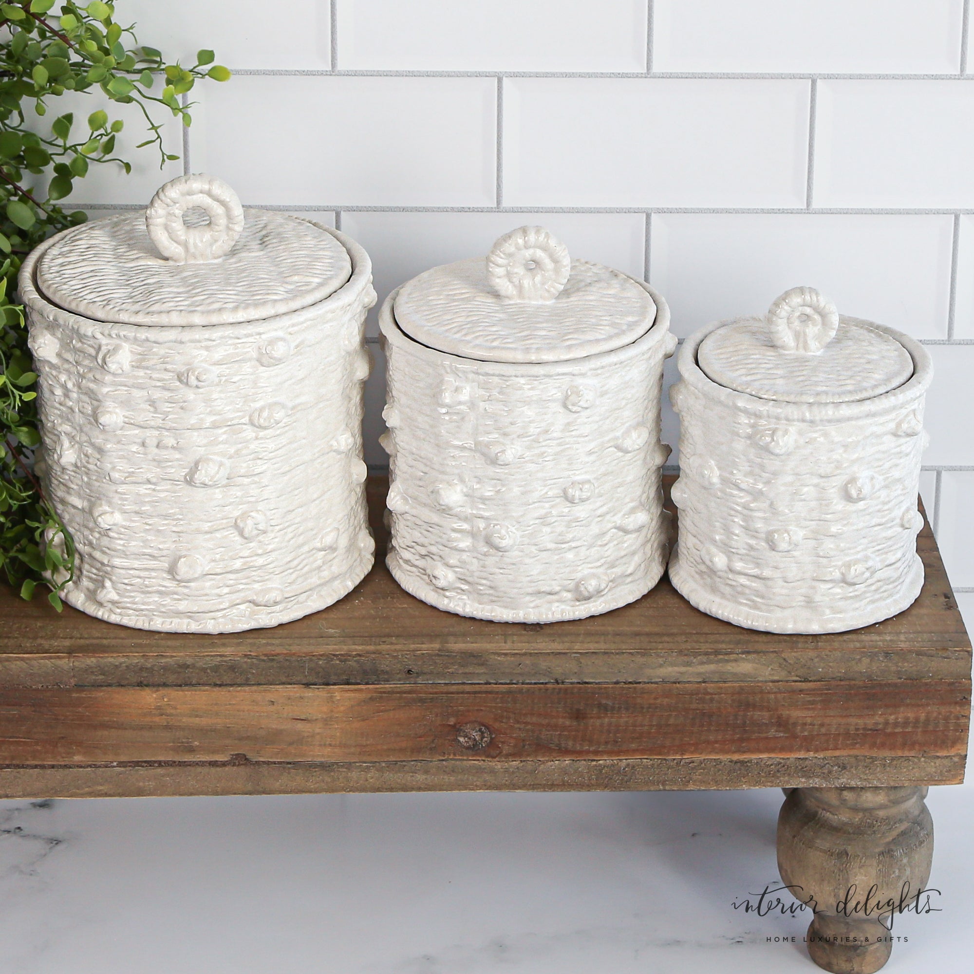Knotted Canister Set - Three sizes of ceramic canisters creating an artisanal charm in your kitchen or bathroom decor.