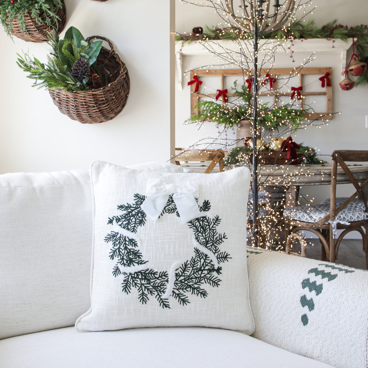 Wreath with Bow Christmas Pillow